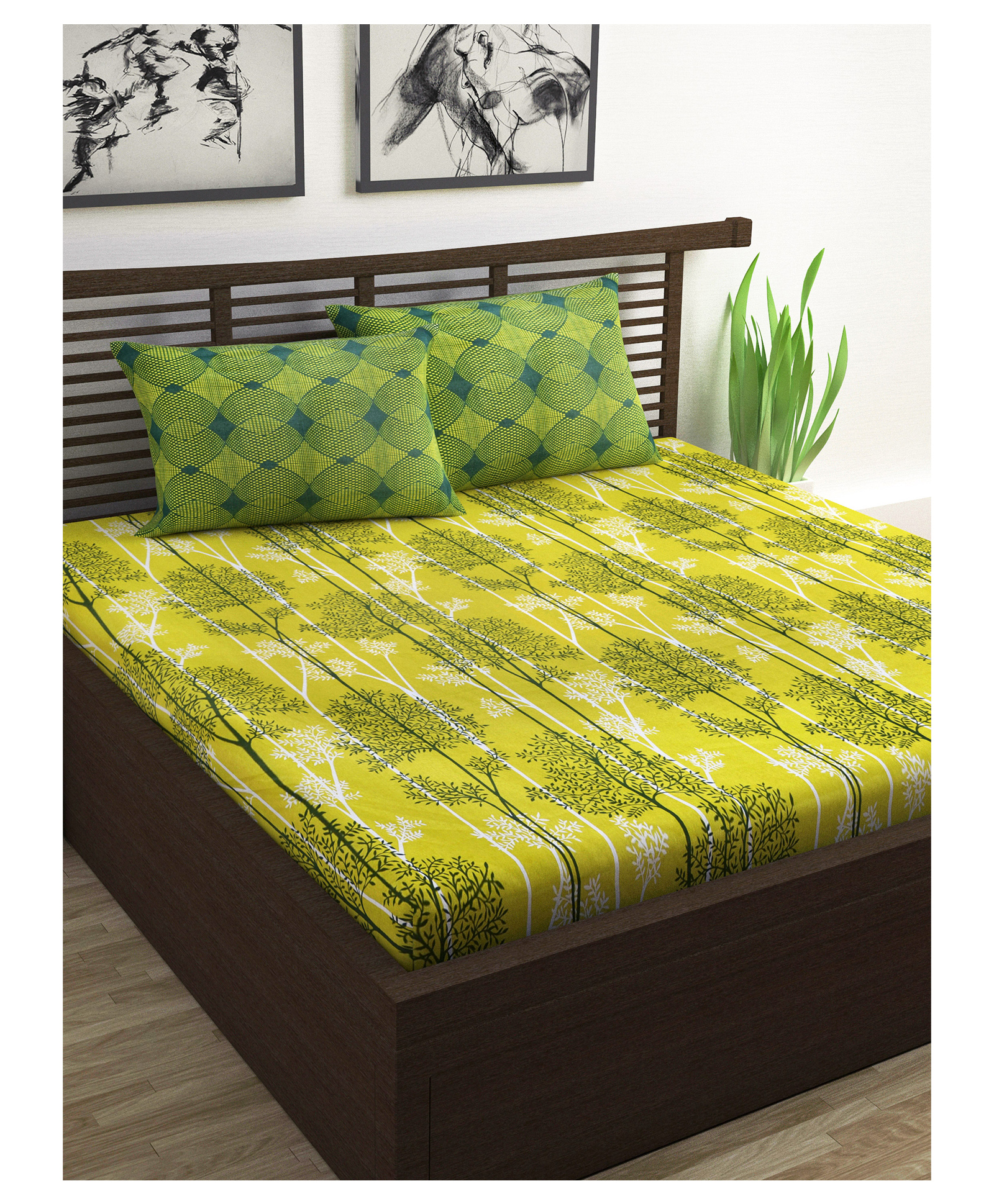 Divine Casa Abstract Blend Cotton Double Bedsheet with 2 Pillow Covers - Green & Dark Green-picture-27