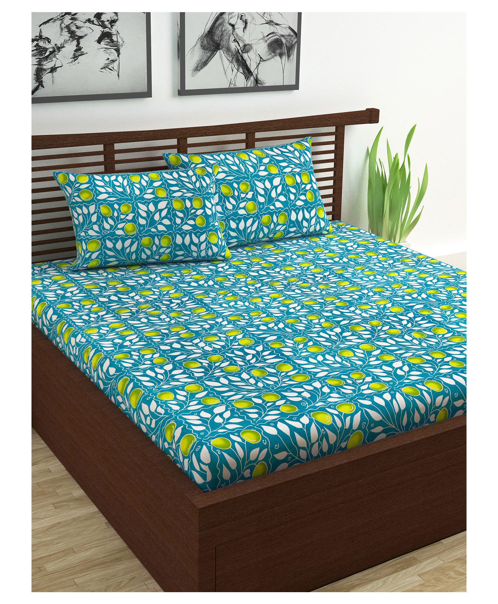 Divine Casa Floral 100% Cotton Double Bedsheet with 2 Pillow Covers - Turquoise & Green-picture-20