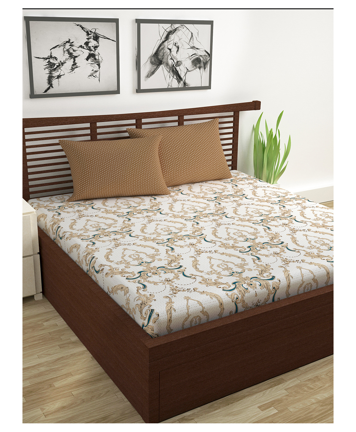 Divine Casa Paisley Blend Cotton Double Bedsheet with 2 Pillow Covers - Beige & Brown-picture-13