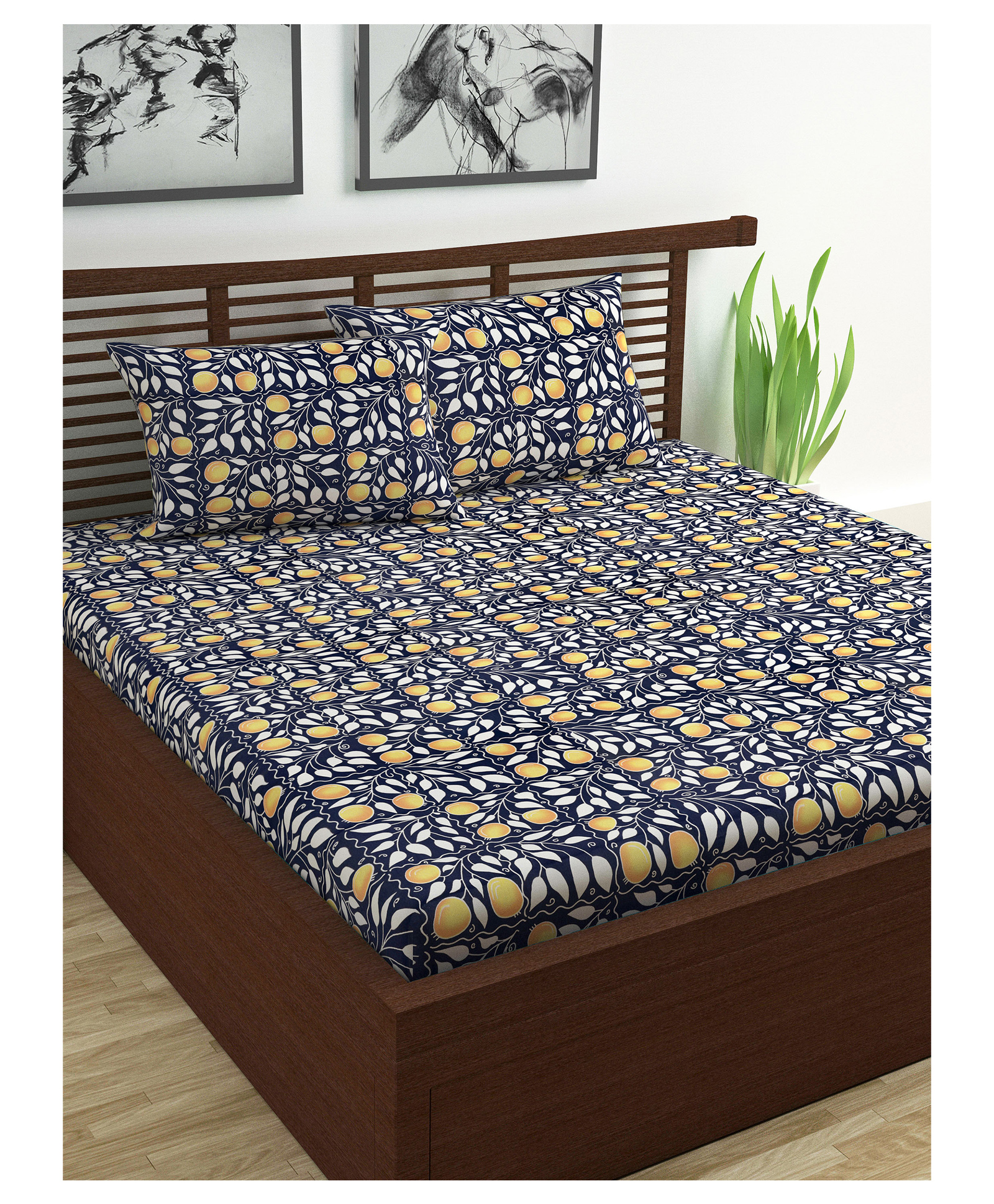 Divine Casa Floral 100% Cotton Double Bedsheet with 2 Pillow Covers - Navy Blue & Yellow-picture-22