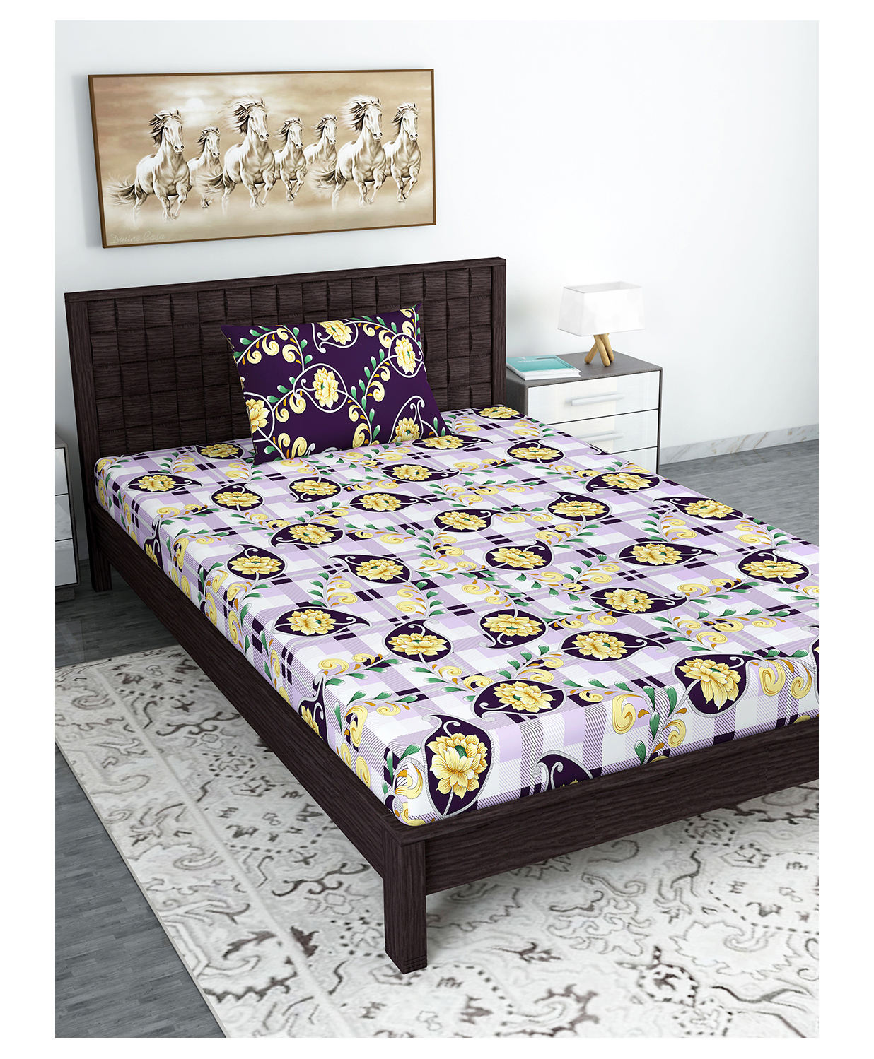 Divine Casa Floral Blend Cotton Single Bedsheet with 1 Pillow Cover - Yellow & Violet-picture-17