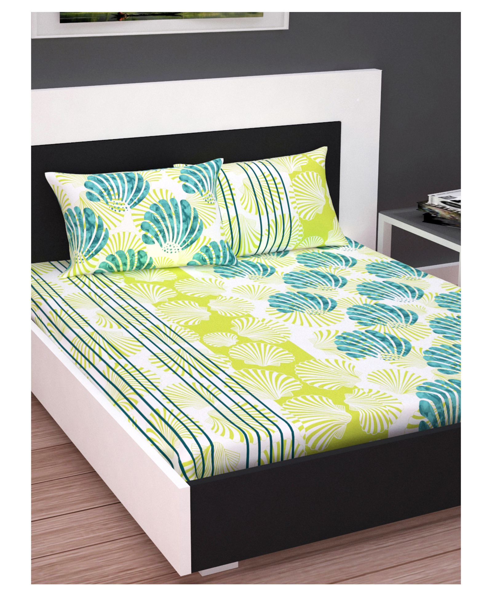 Divine Casa Floral Blend Cotton King Bedsheet with 2 Pillow Covers - Green & Sea Green-picture-38