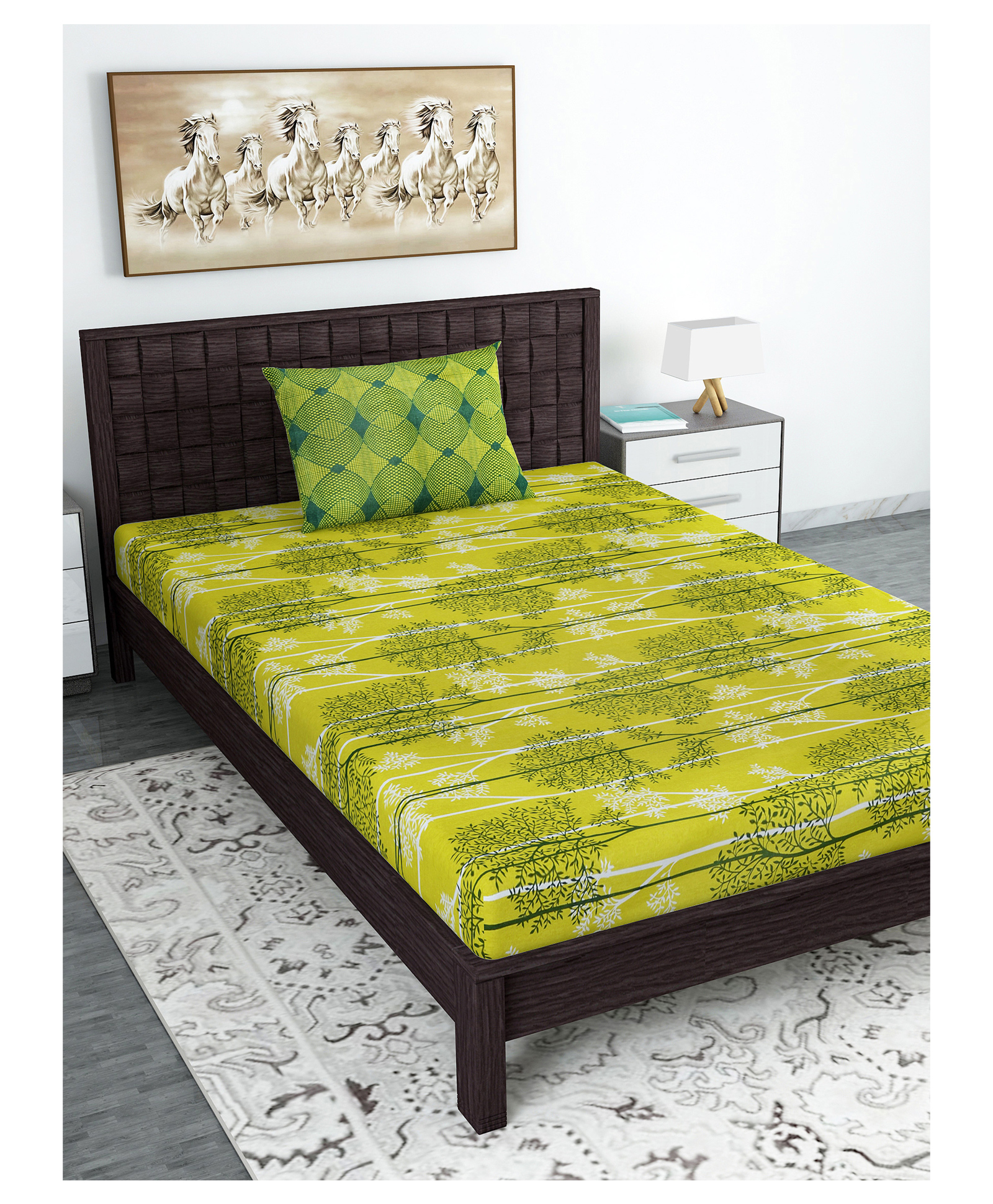 Divine Casa Floral Blend Cotton Single Bedsheet with 1 Pillow Cover - Green & Dark Green-picture-16