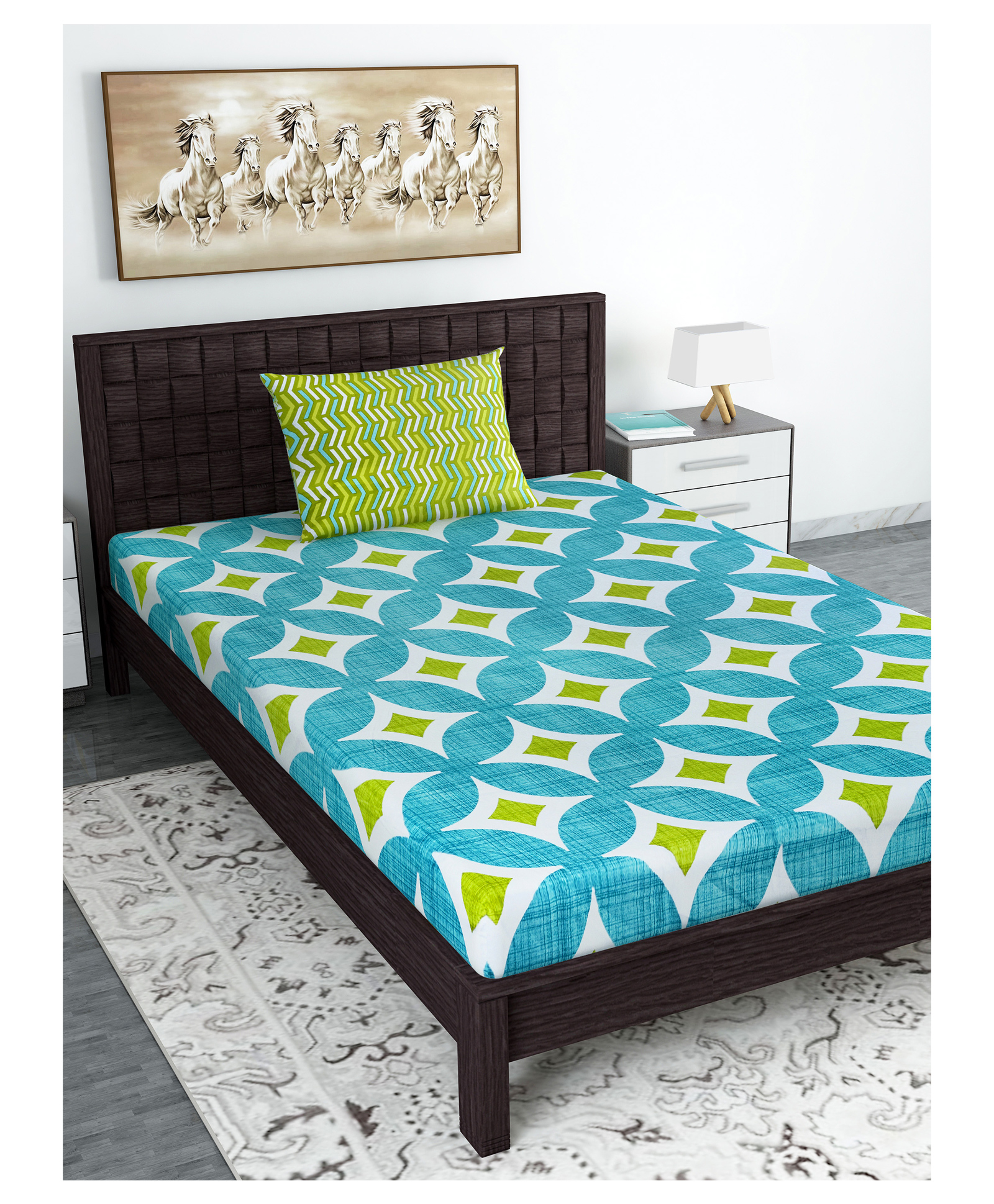 Divine Casa Geometric Blend Cotton Single Bedsheet with 1 Pillow Cover - Green-picture-23