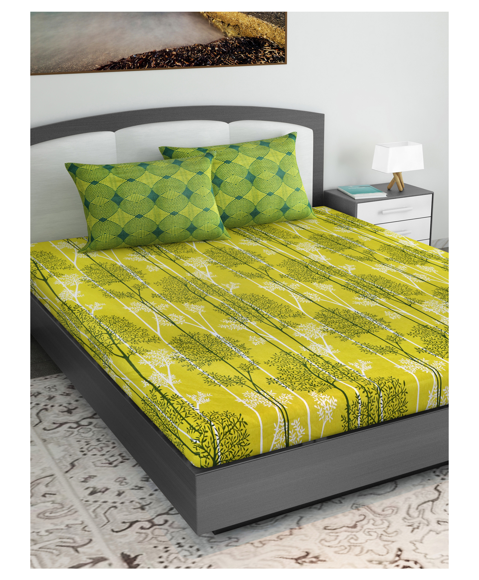Divine Casa Abstract Blend Cotton King Bedsheet with 2 Pillow Covers - Green & Dark Green-image-33