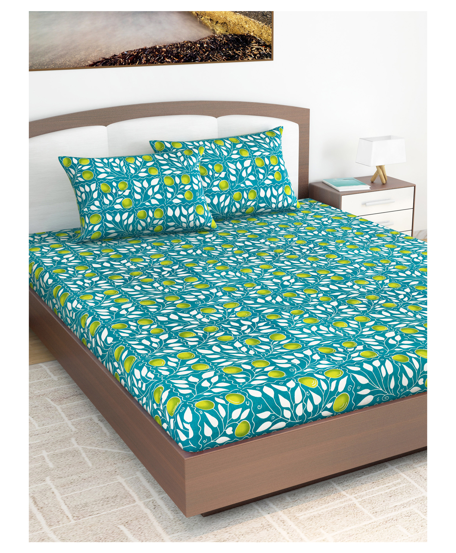 Divine Casa Floral Blend Cotton King Bedsheet with 2 Pillow Covers - Turquoise & Green-picture-34
