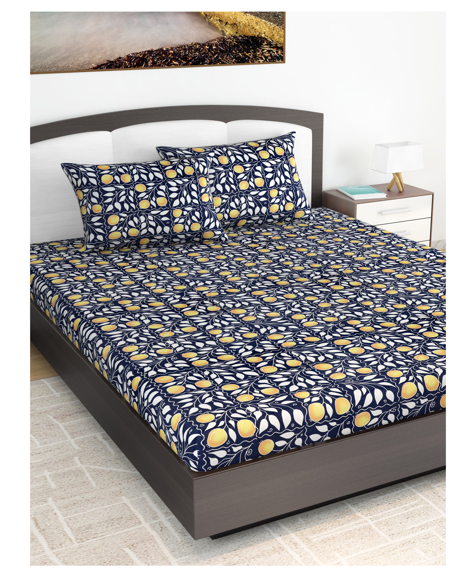 Divine Casa Floral Blend Cotton King Bedsheet with 2 Pillow Covers - Navy Blue & Yellow-picture-35