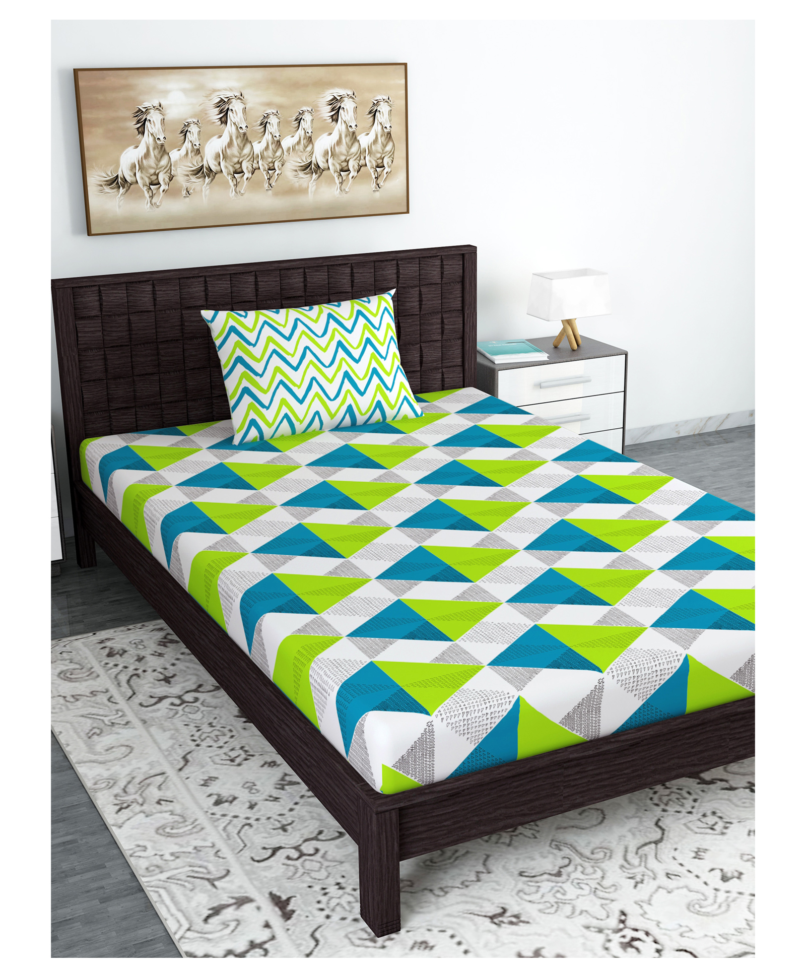 Divine Casa Geometric Blend Cotton Single Bedsheet with 1 Pillow Cover - A Lime Teal & Off White-picture-11