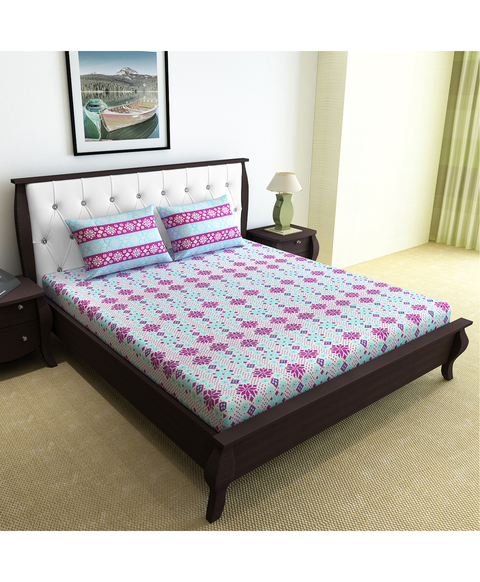 Divine Casa Floral Blend Cotton Double Bedsheet with 2 Pillow Covers - Sky Blue & Pink-picture-36