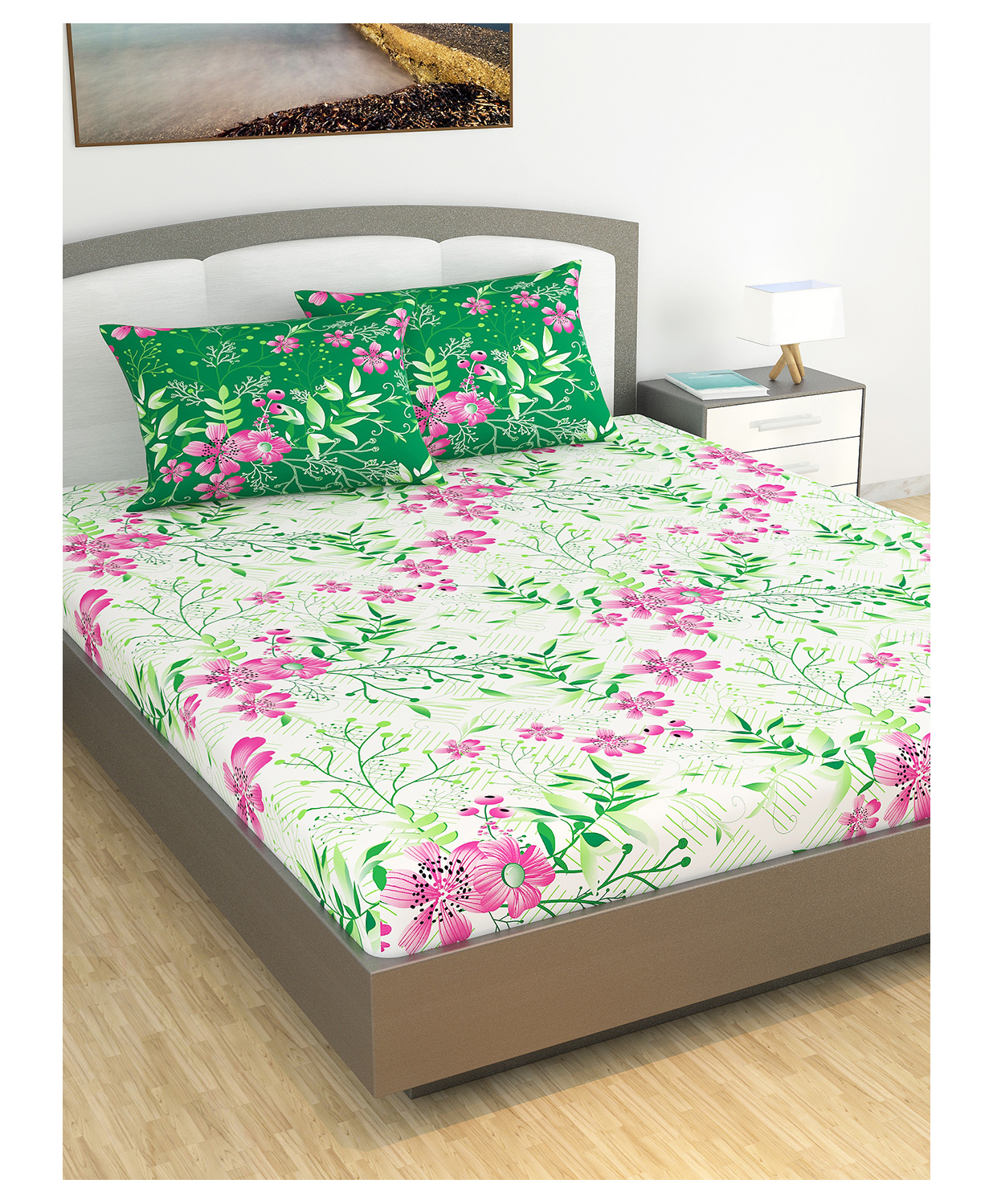 Divine Casa Floral Blend Cotton King Bedsheet with 2 Pillow Covers - Green & Pink-picture-37