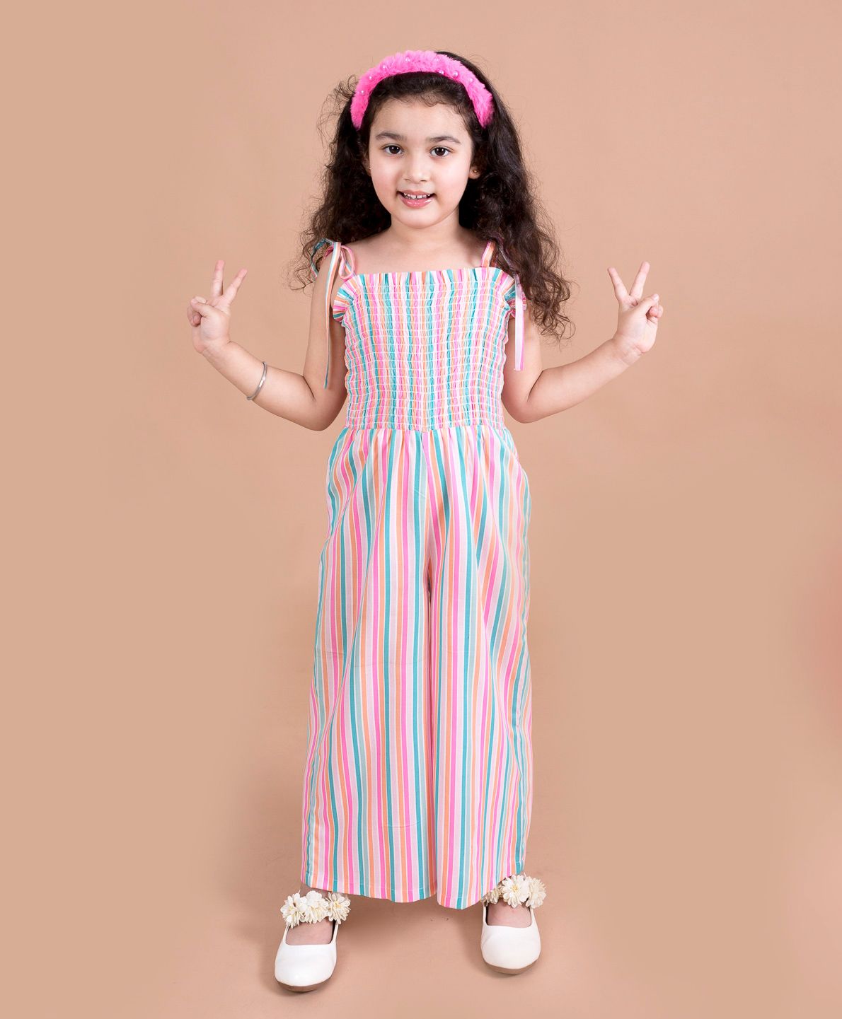 Pspeaches Sleeveless Stripes Print Smocked Jumpsuit - Multi Color-picture-21