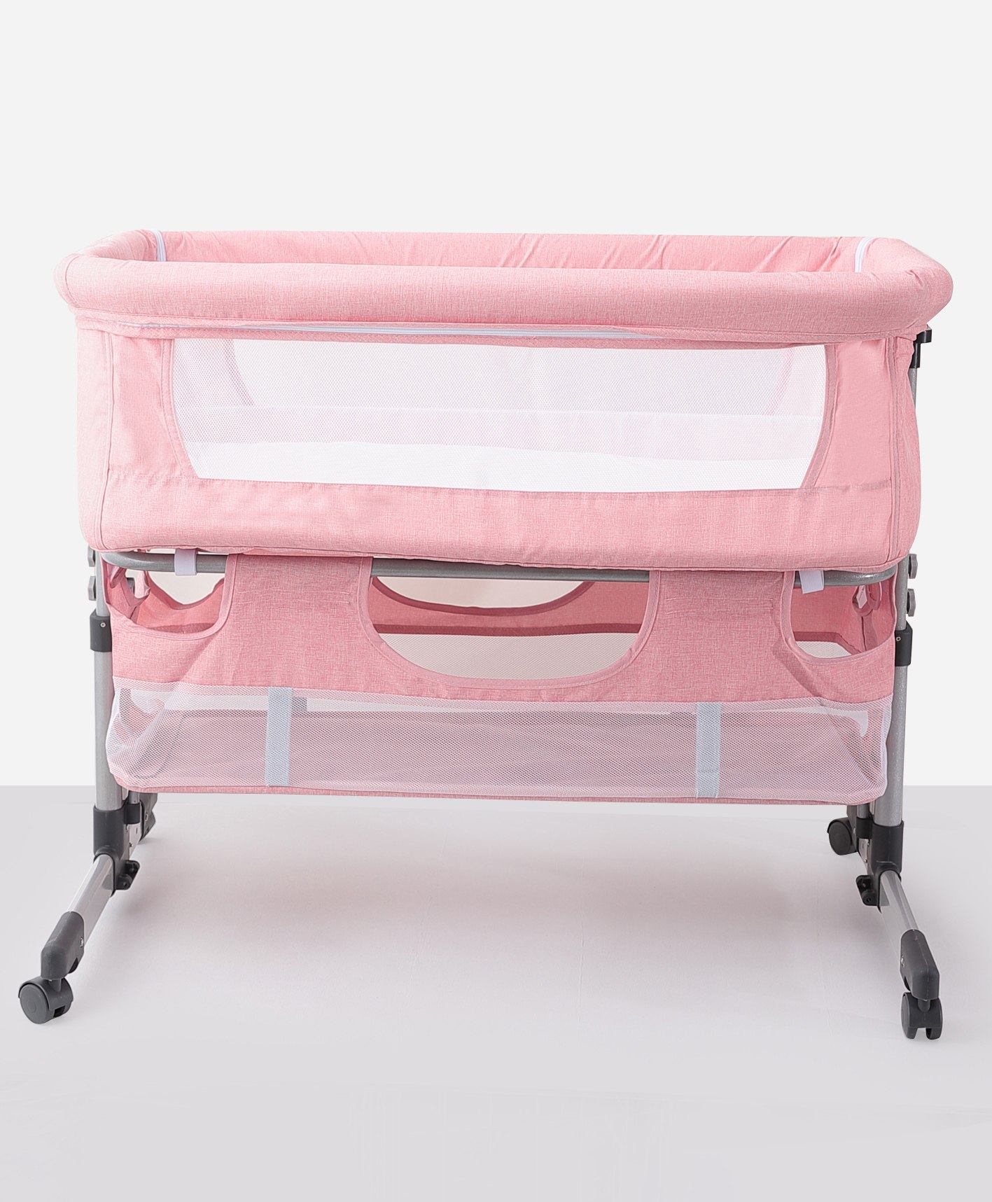 fab n funky 3 in 1 Baby Bed Side With Bassinet Detachable Mosquito Net & Hight Adjustable comes with Wheel & Mattress - Pink-picture-12