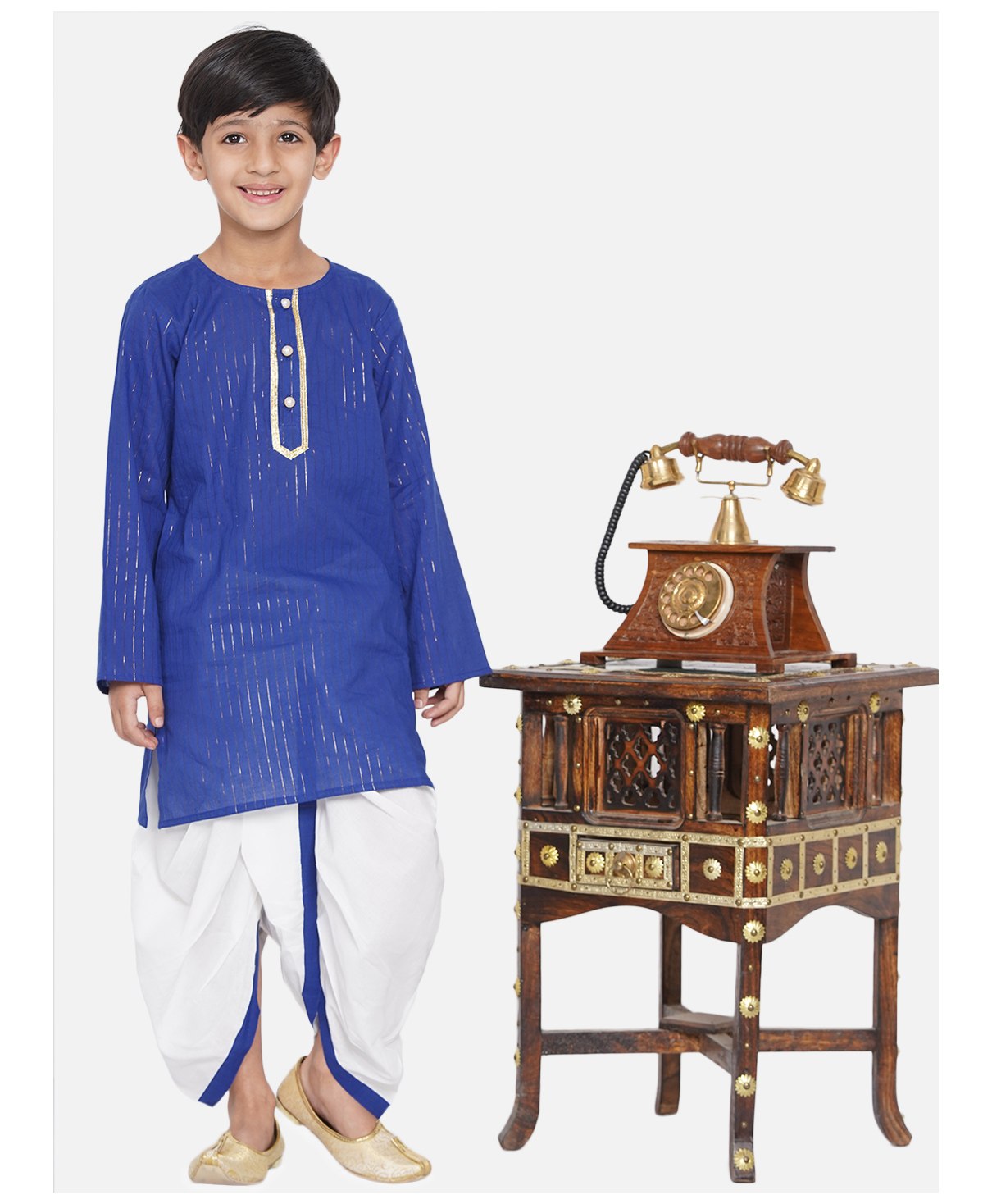 Little Bansi Full Sleeves Striped Ethnic Kurta With Dhoti - Royal Blue-picture-4