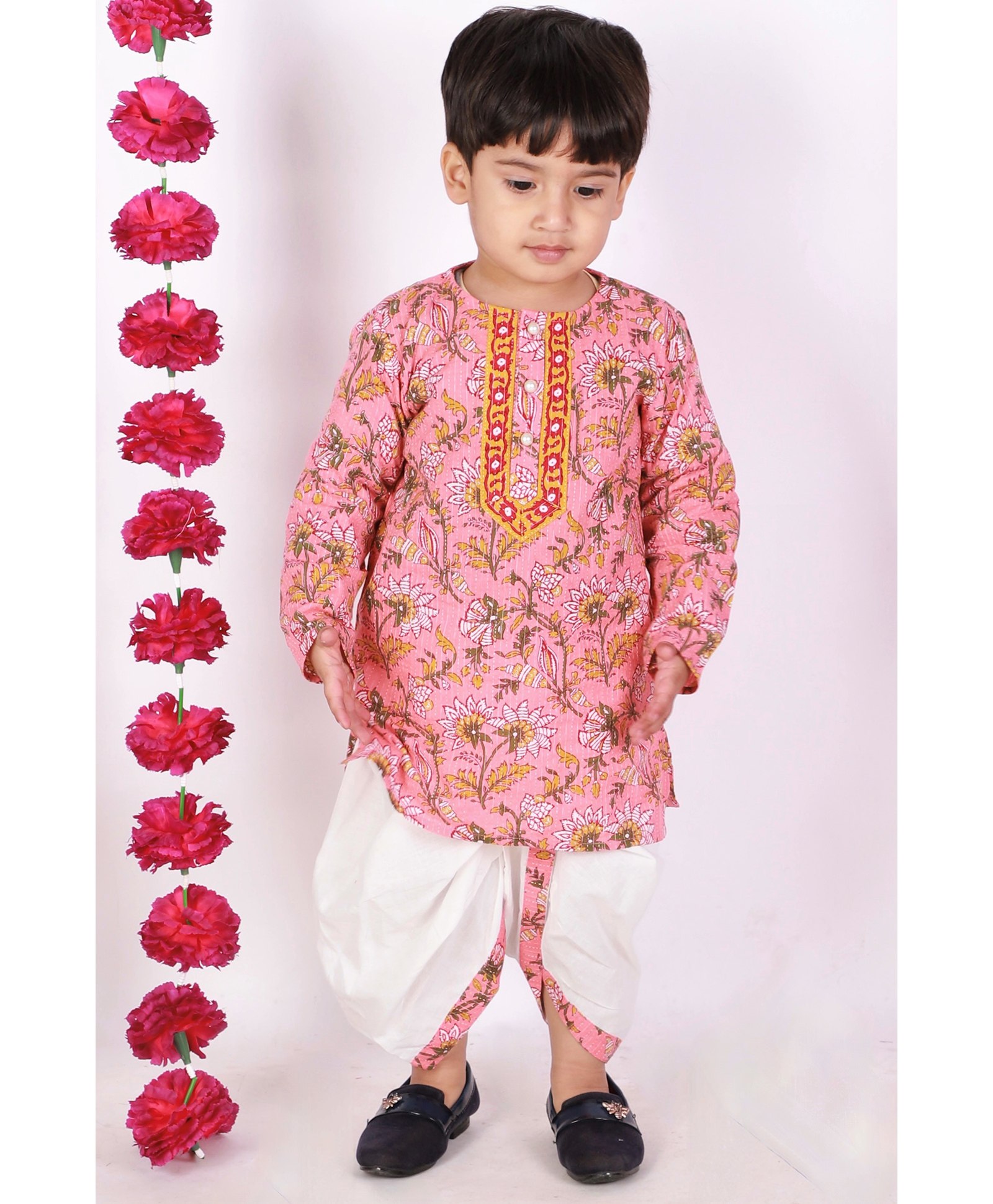 Little Bansi Full Sleeves Bengali Kantha Work Floral Kurta With Dhoti - Pink-image-8