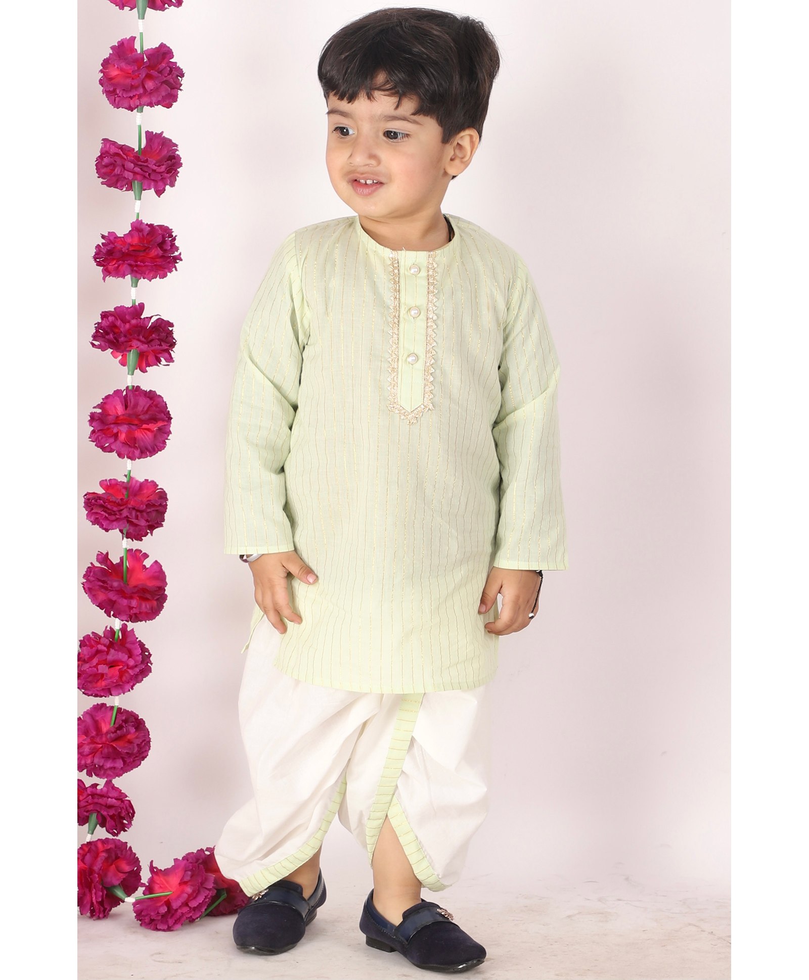 Little Bansi Full Sleeves Gold Strip Print Kurta And Dhoti - Green And Cream-image-13