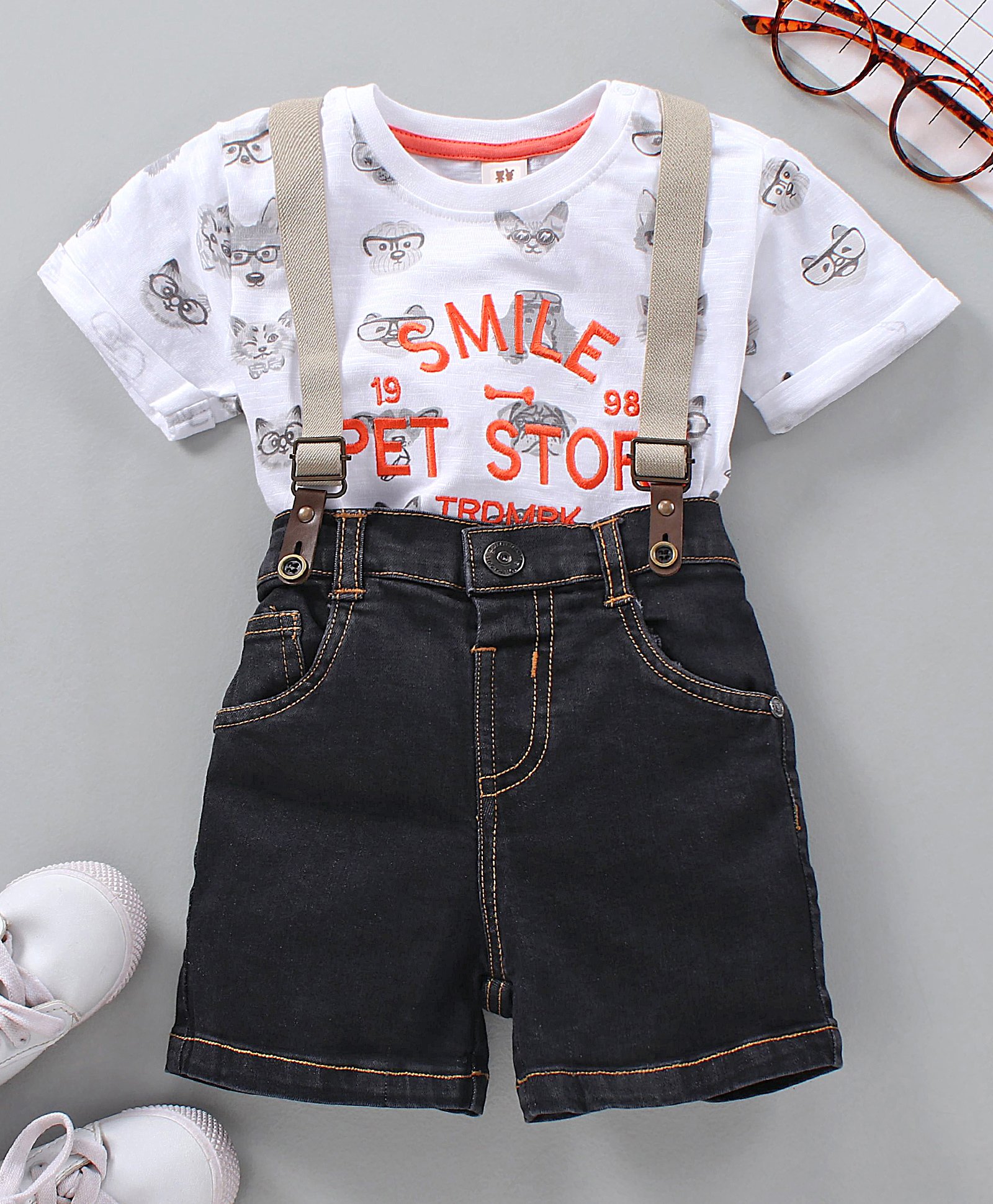 Buy ToffyHouse Half Sleeves Tee & Denim Shorts with Suspenders Set Animal Print - White for Boys (3-6 Months) Online in India, Shop at - 10653930 Buy ToffyHouse Half Sleeves Tee & Denim Shorts with Suspenders Set Animal Print - White for Boys (3-6 Months) Online in India, Shop at - 10653930