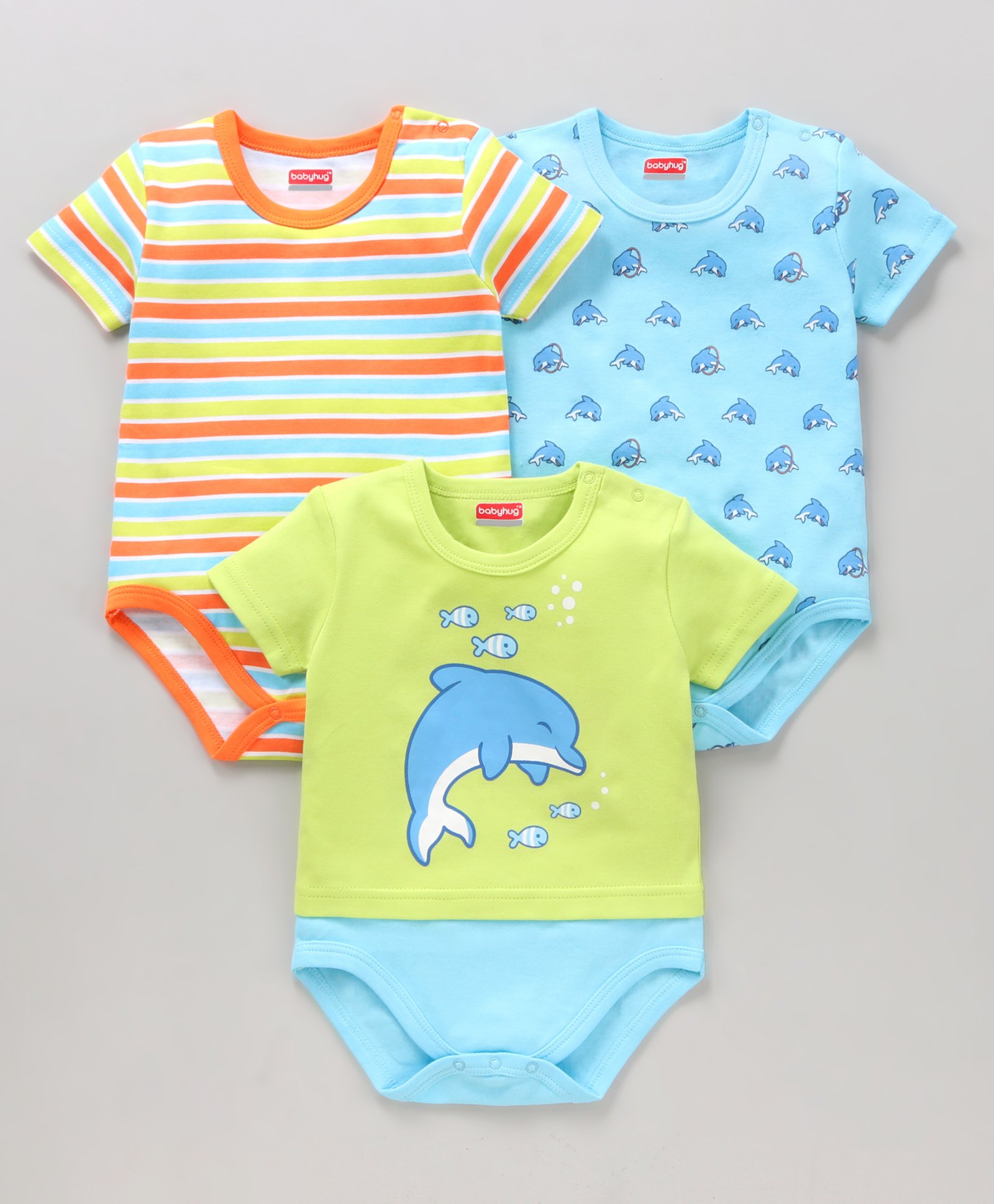 Babyhug 100% Cotton Half Sleeves Onesies Striped and Dolphin Print Pack of 3 - Blue Green-picture-26