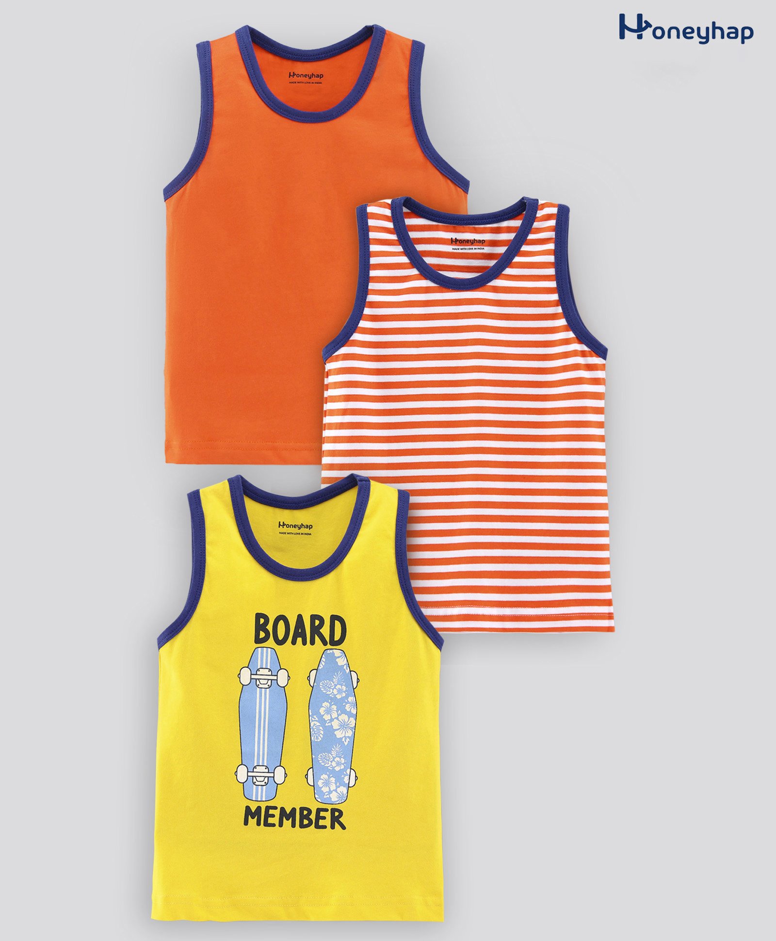Honeyhap Premium Sleeveless 95% Cotton 5% Elastane   Anti-Microbial  Finish Solid and Striped Pack of 3 - Orange Yellow-picture-48