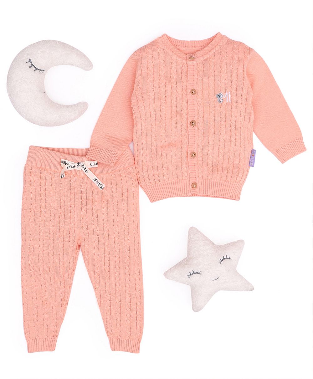 Mi Arcus Unisex Full Sleeves Full length Cabel Knitted Cardigan Pyjama Set - Peach - Orange-image-38
