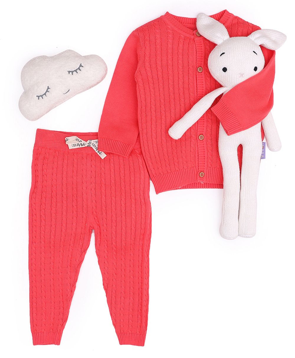Mi Arcus Unisex Cabel Knitted Cardigan - Pyjama Set - Coral - Coral-picture-20