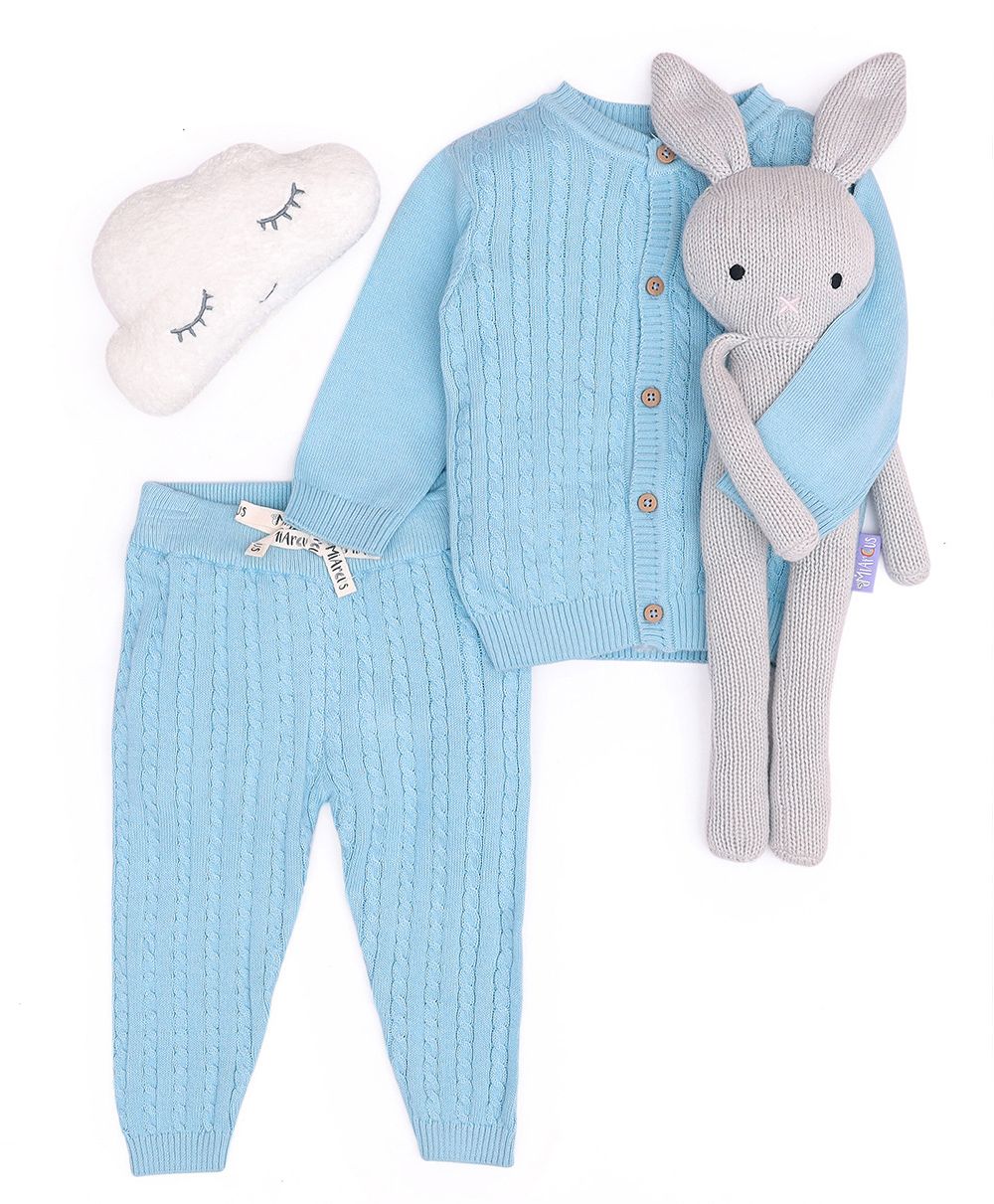 Mi Arcus Unisex Full Sleeves Full length Cabel Knitted Cardigan Pyjama Set - Blue-picture-23
