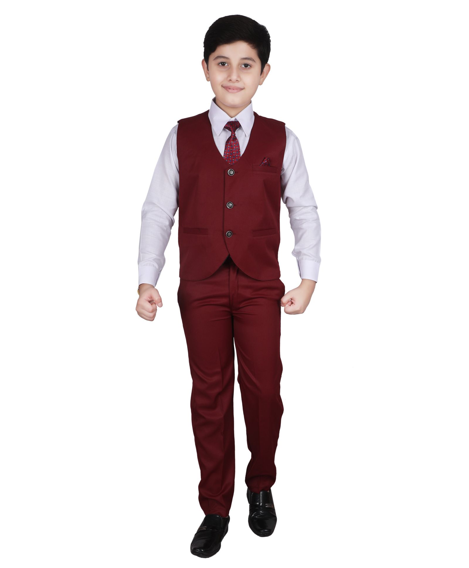 P-MARK Full Sleeves Shirt With Waistcoat & Pants Set - Maroon-image-43