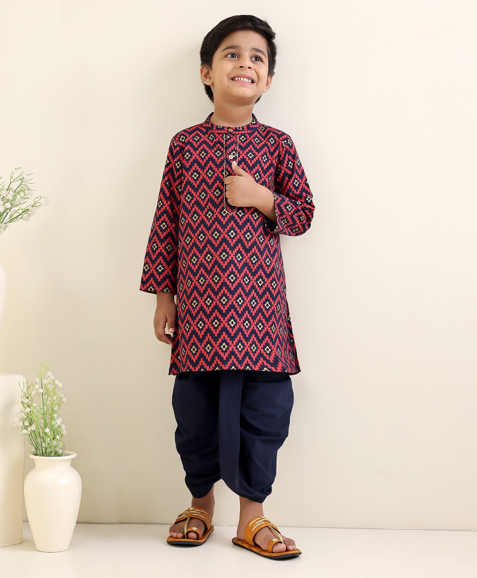 Babyhug Full Sleeves Kurta Dhoti Set Printed - Red Navy Blue-image-46
