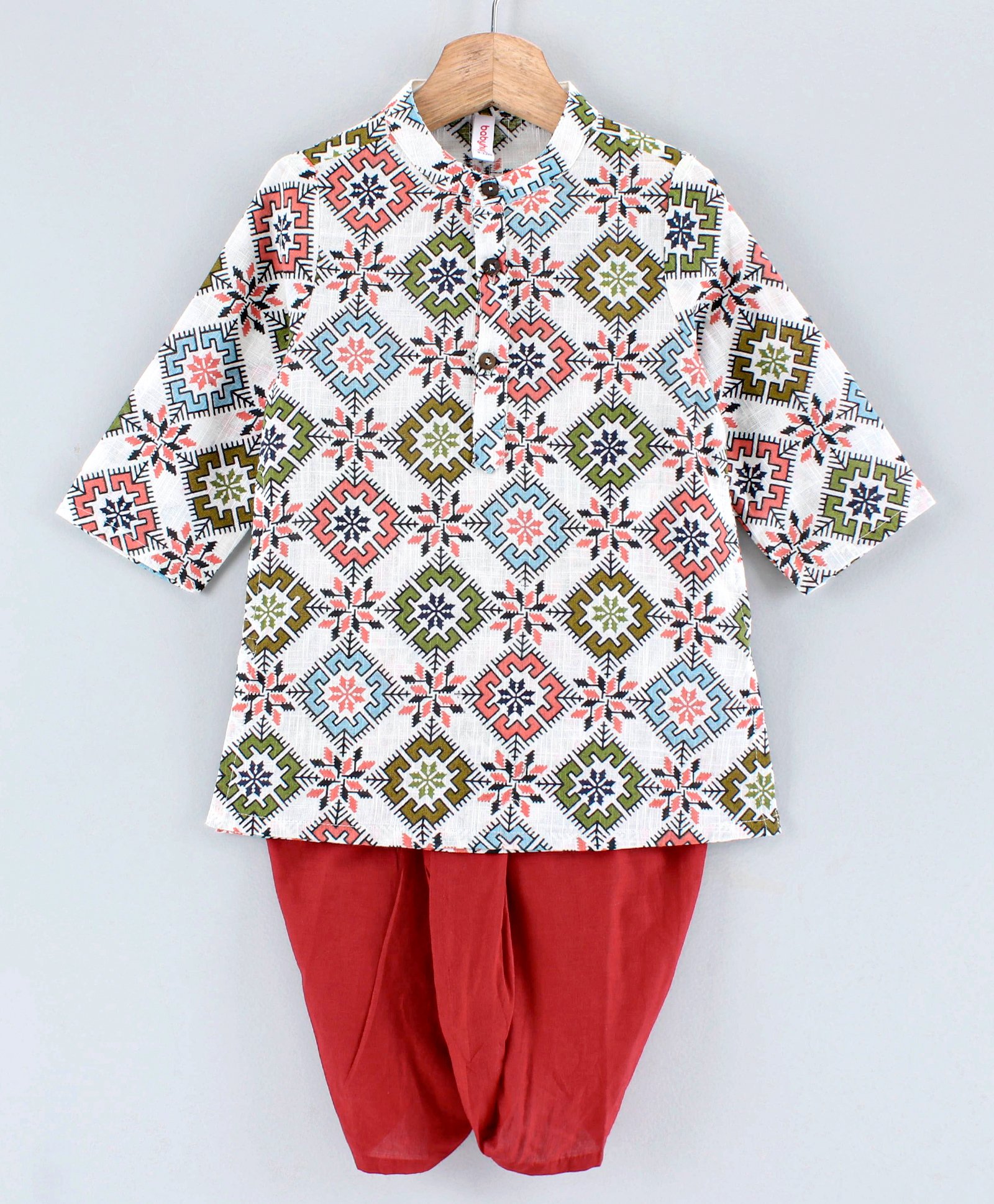 Babyhug Full Sleeves Printed Kurta and Dhoti Set - Off White Red-image-6