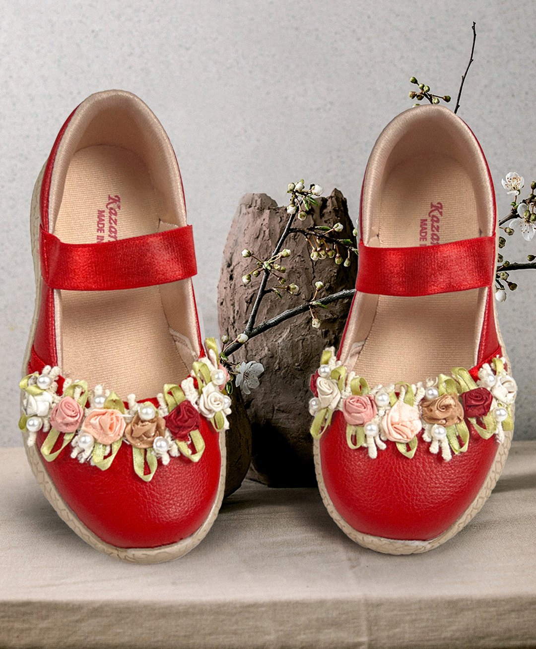 KazarMax Kids Girls Ballet Flat Ballerina Flower Embellished Peep Toes- Red-picture-18