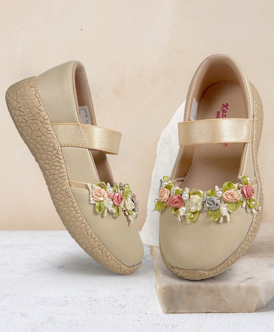 KazarMax Kids Girls Ballet Flat Ballerina Flower Embellished Peep Toes- Beige-image-49