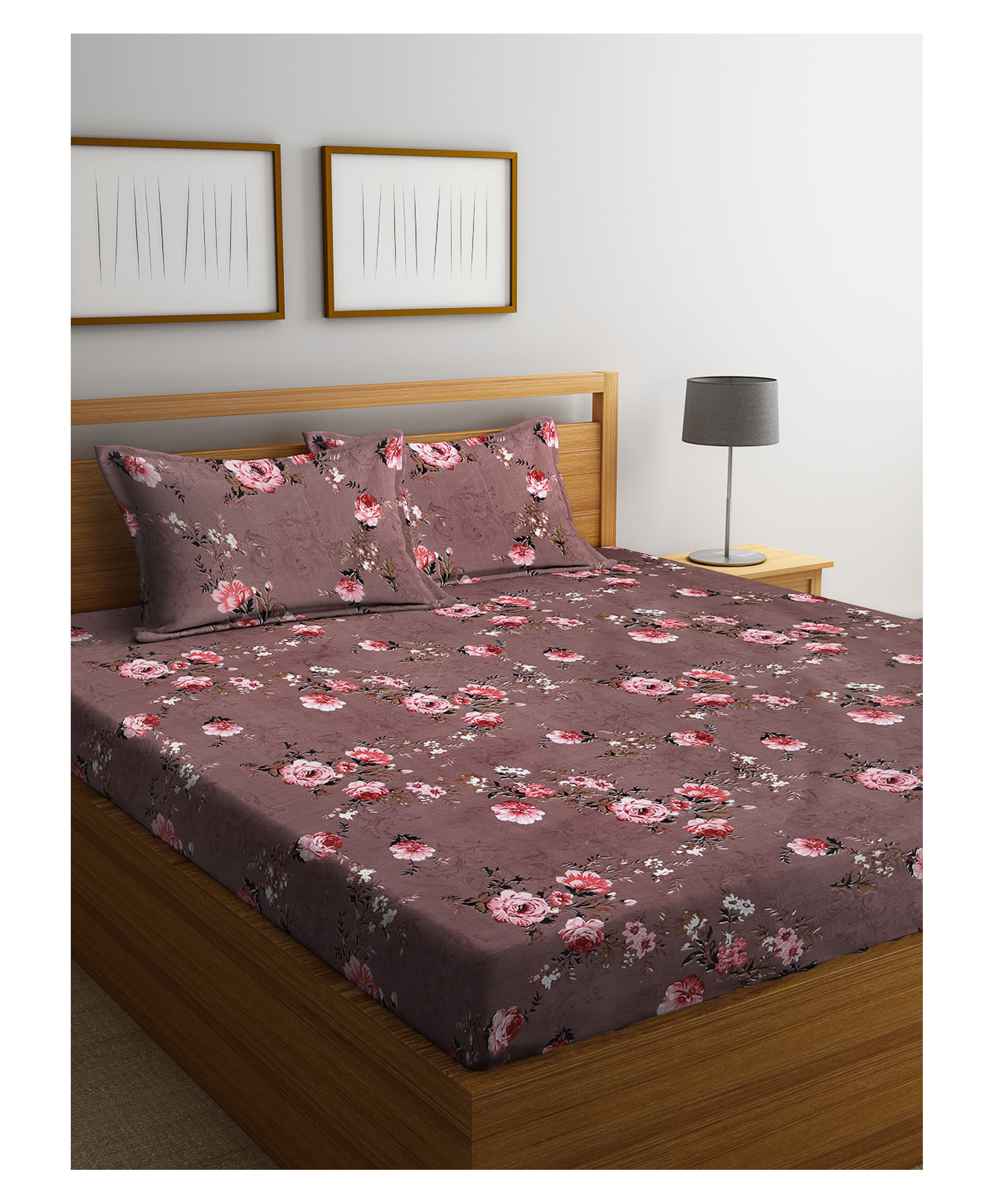 Florida Printed Single Bedsheet With Pillow Covers - Brown-image-1