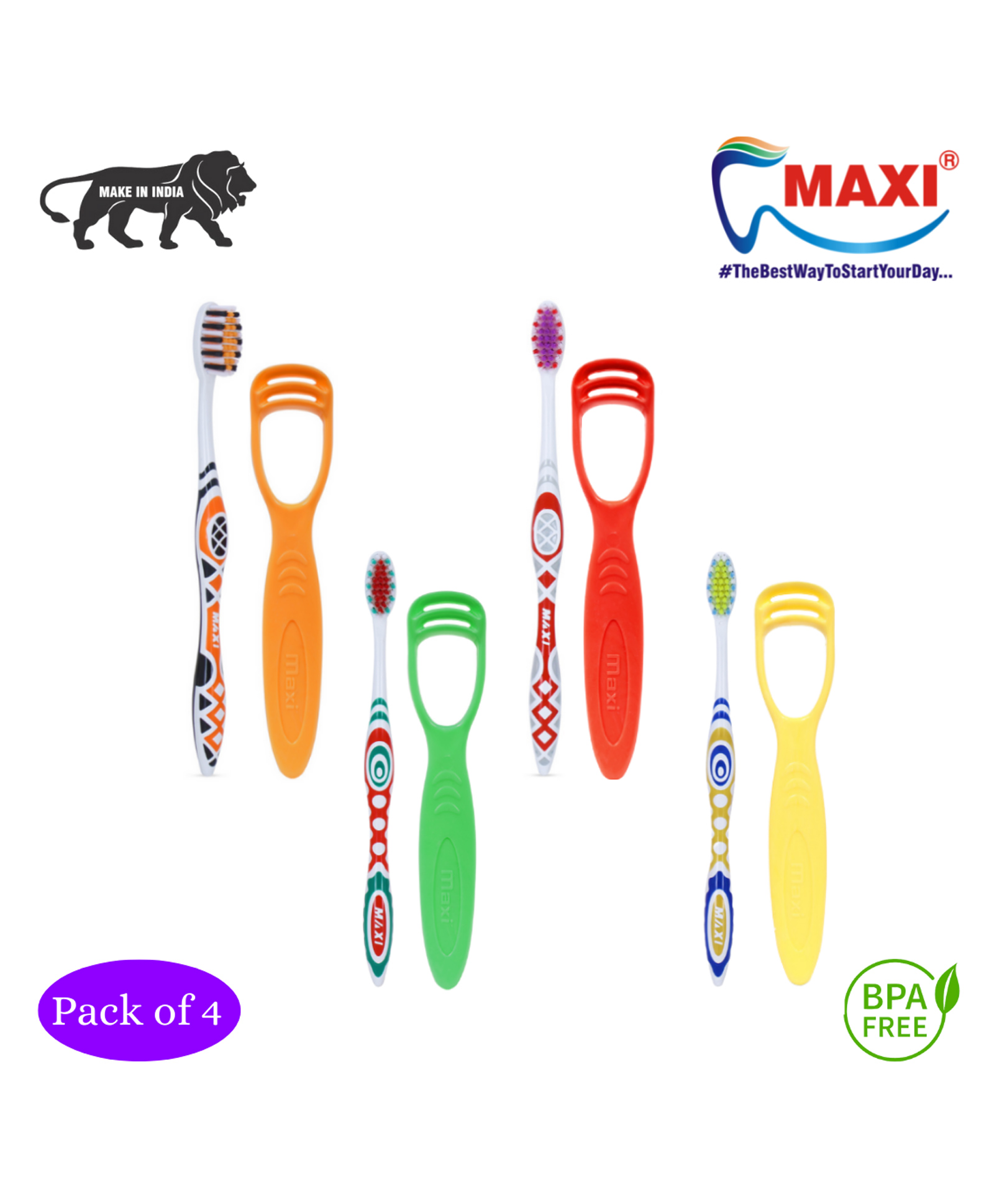 MAXI Style Toothbrush And Tongue Cleaner Oral Hygiene Kit Pack of 4 - Multicolour-image-14