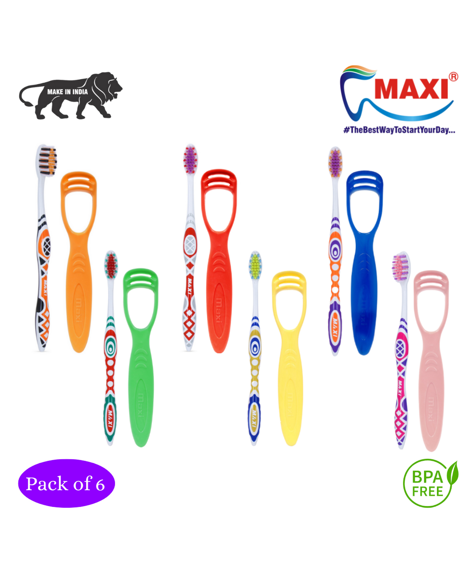 MAXI Style Toothbrush And Tongue Cleaner Oral Hygiene Kit Pack of 6 - Multicolour-image-12