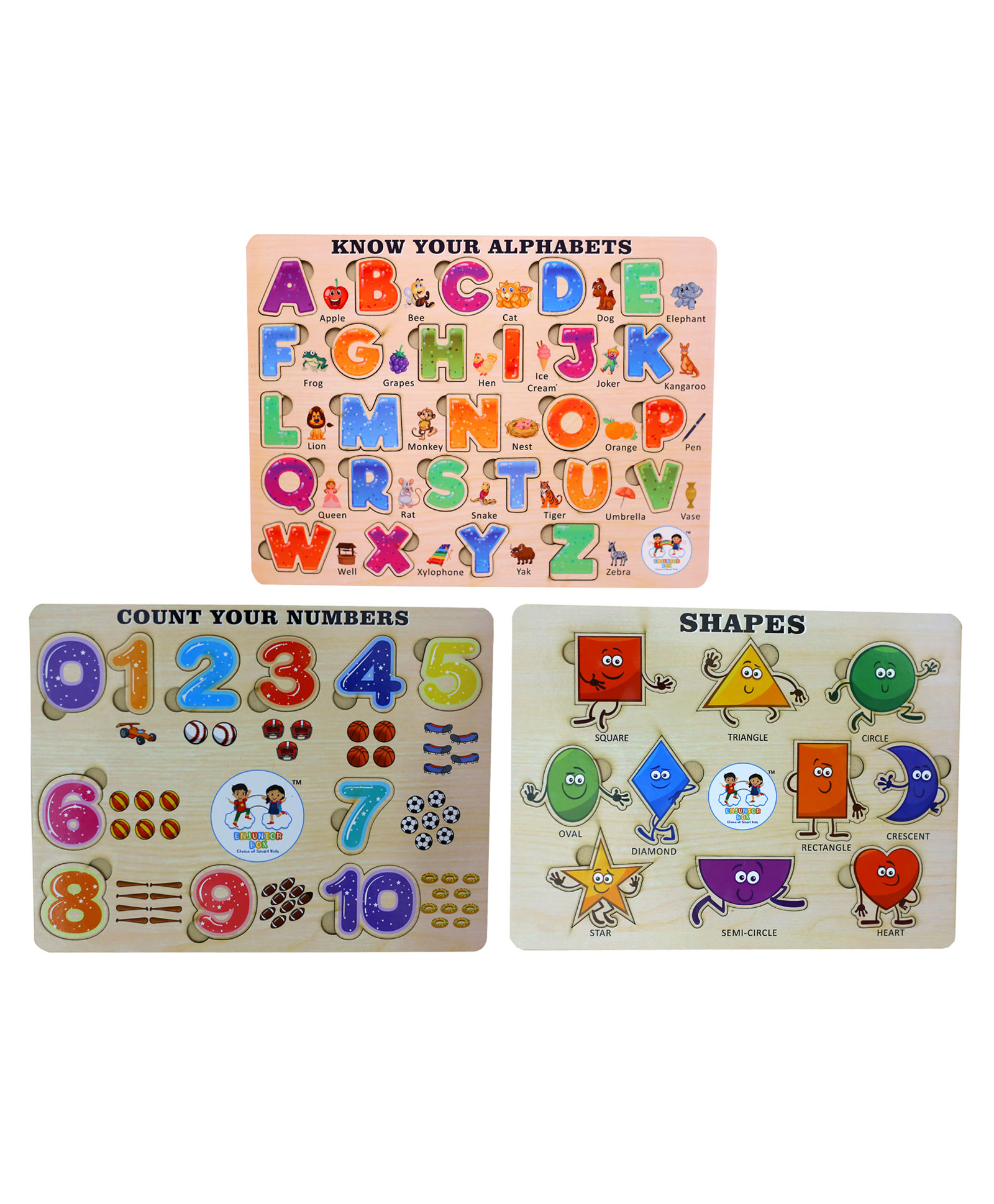 Enjunior Box Wooden Alphabets Shapes and Numbers Puzzle with Knobs Multicolour - 46 Pieces-image-22