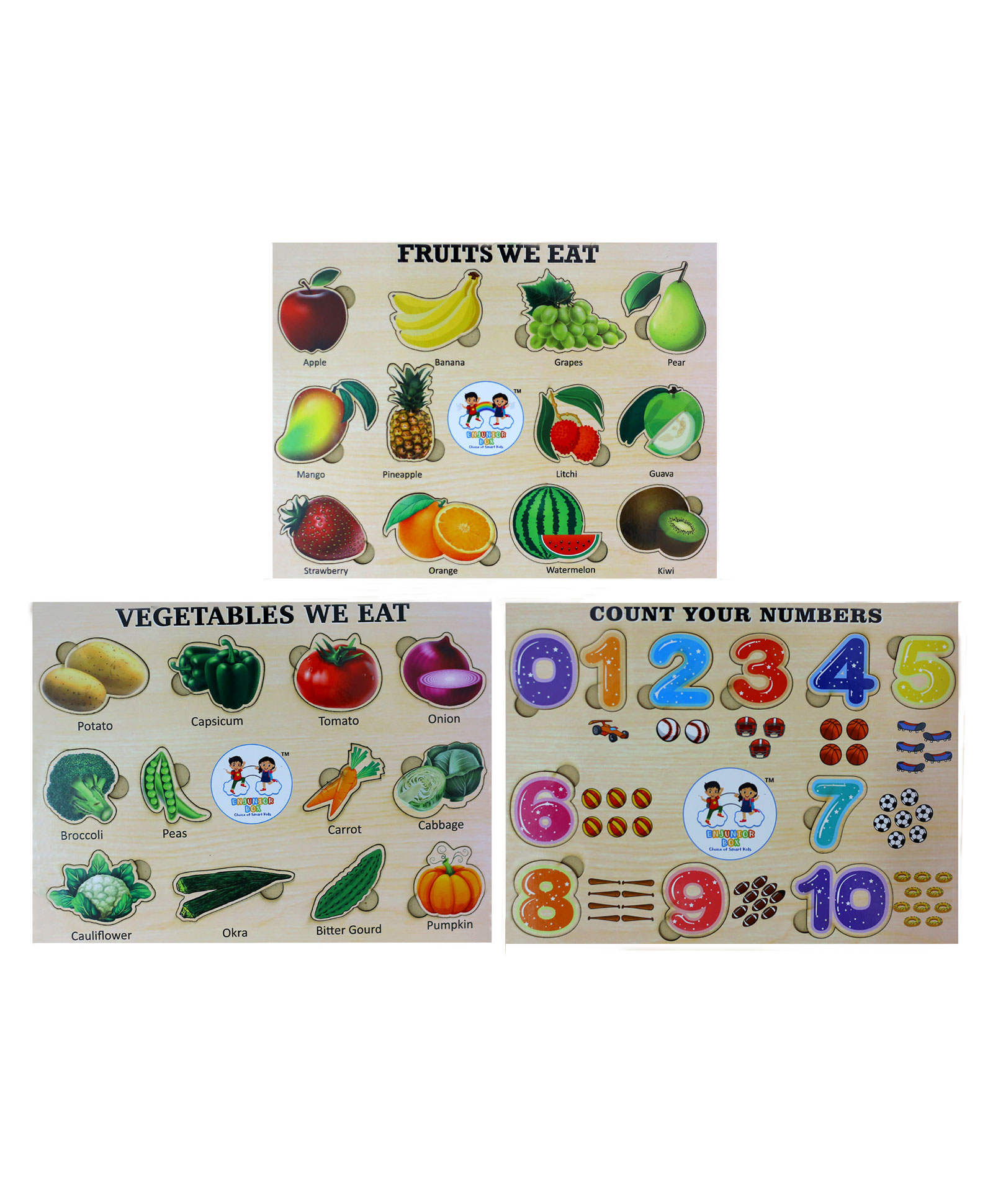 Enjunior Box Fruits Vegetable and Numbers Puzzle with Knobs Multicolour - 32 Pieces-image-12