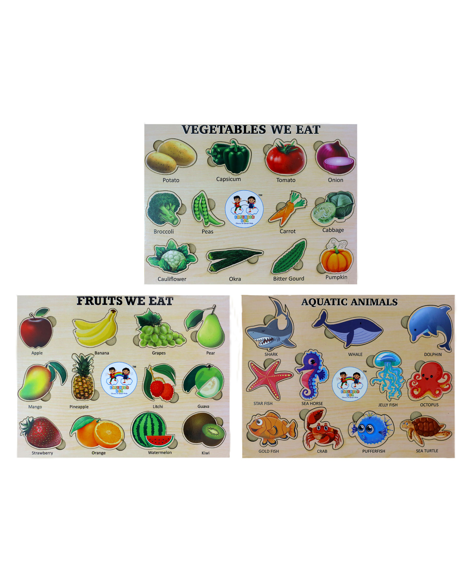 Enjunior Box Fruits Vegetable and Aqua Animals Puzzle with Knobs Multicolour - 36 Pieces-image-18