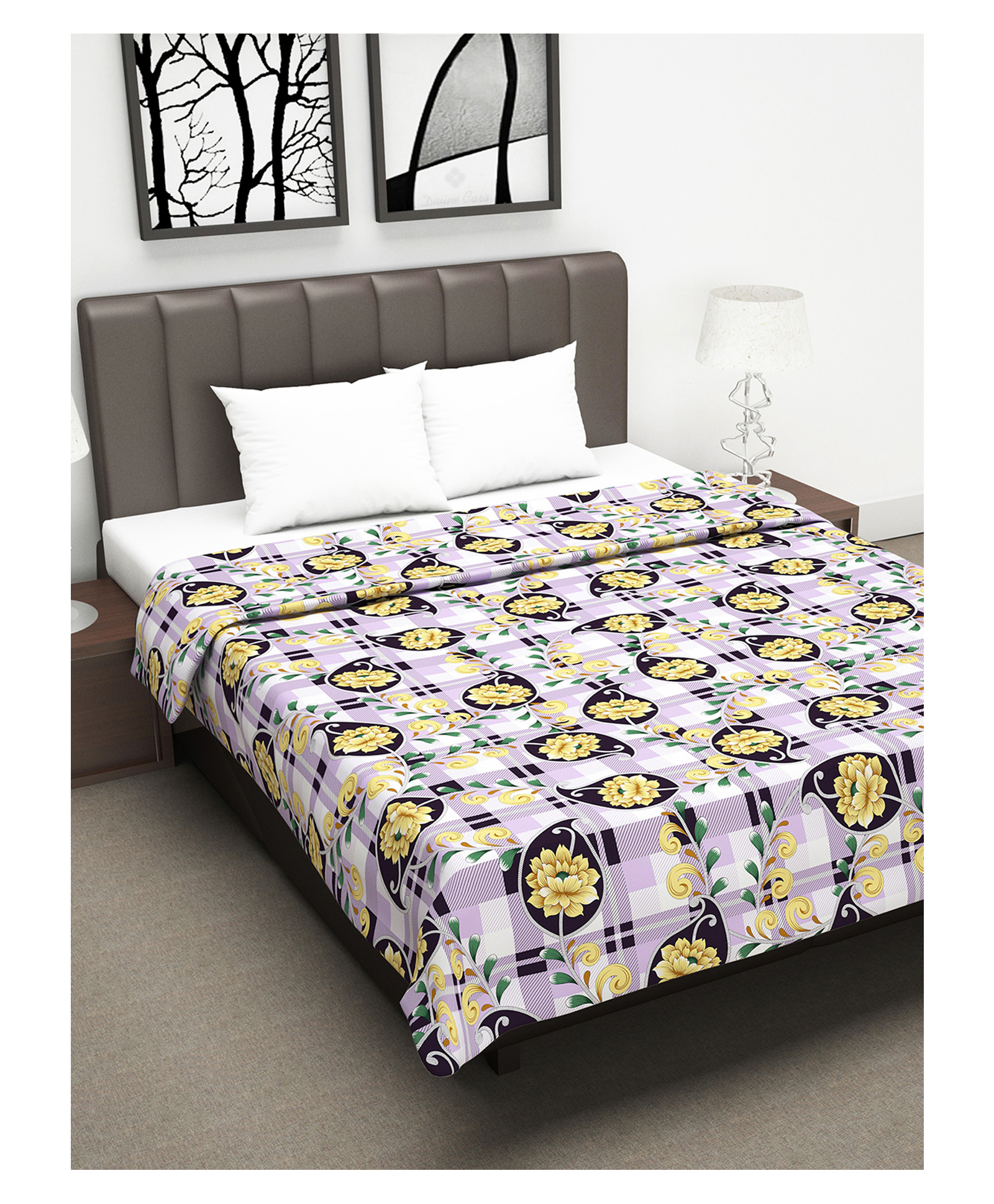 Divine Casa 100% Cotton 110 GSM Double Bed AC Dohar Floral Print - Yellow Violet-image-2