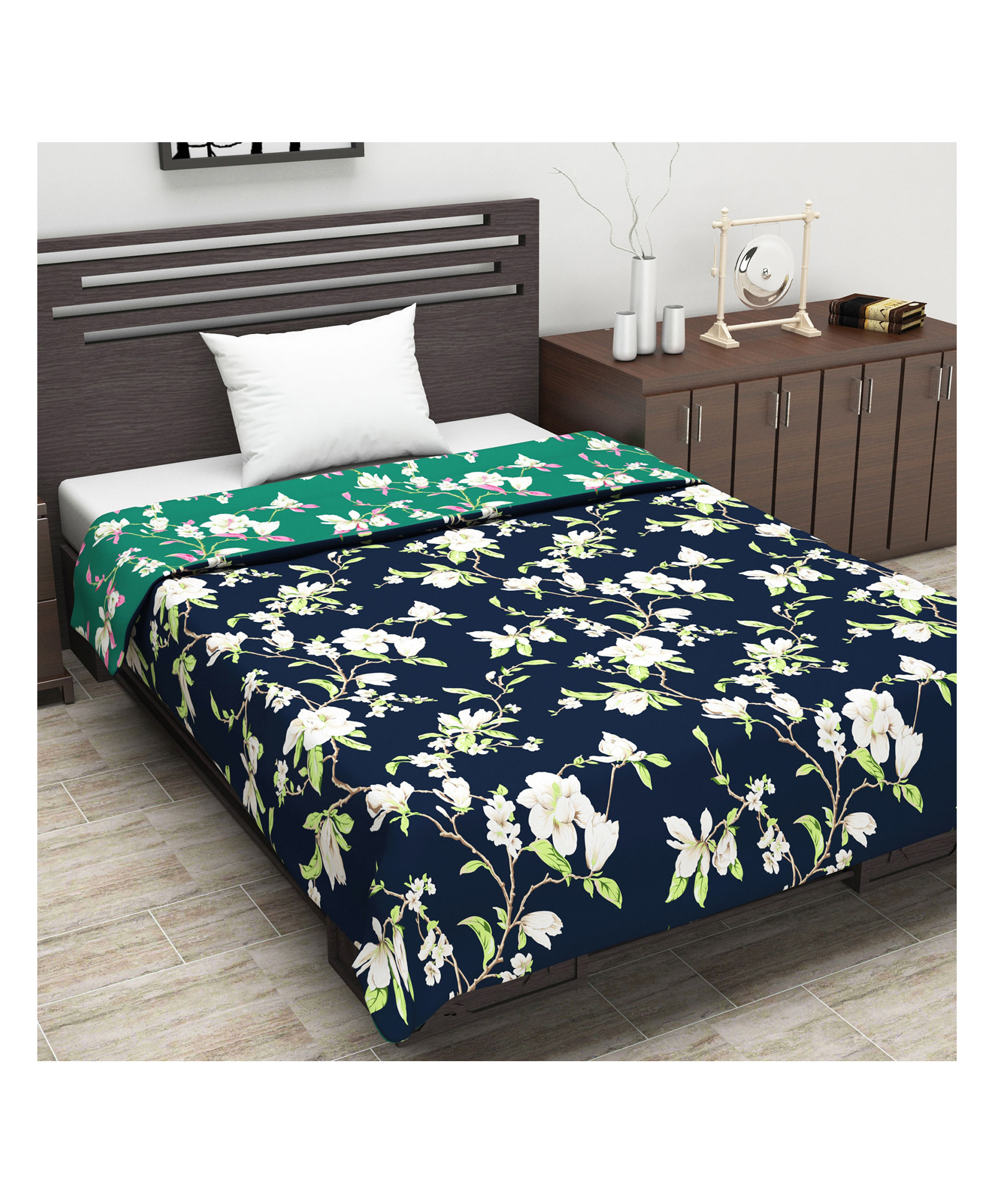 Divine Casa Reversible 120 GSM Single Bed AC Dohar Floral Print - Navy Blue Green-image-22