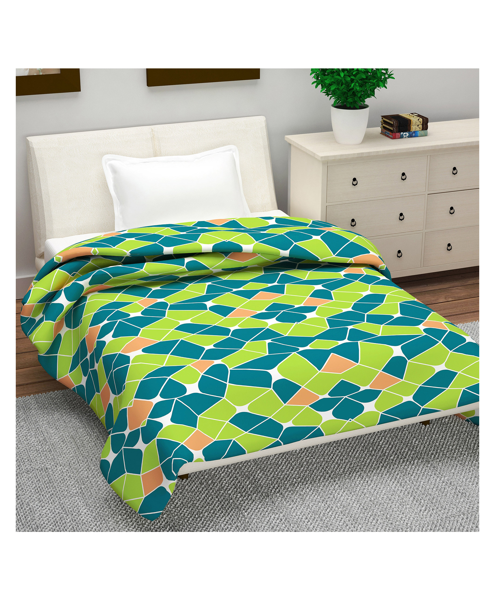Divine Casa Microfiber Polyester Reversible 120 GSM Single Bed AC Dohar Geometric Print - Green Orange-picture-40