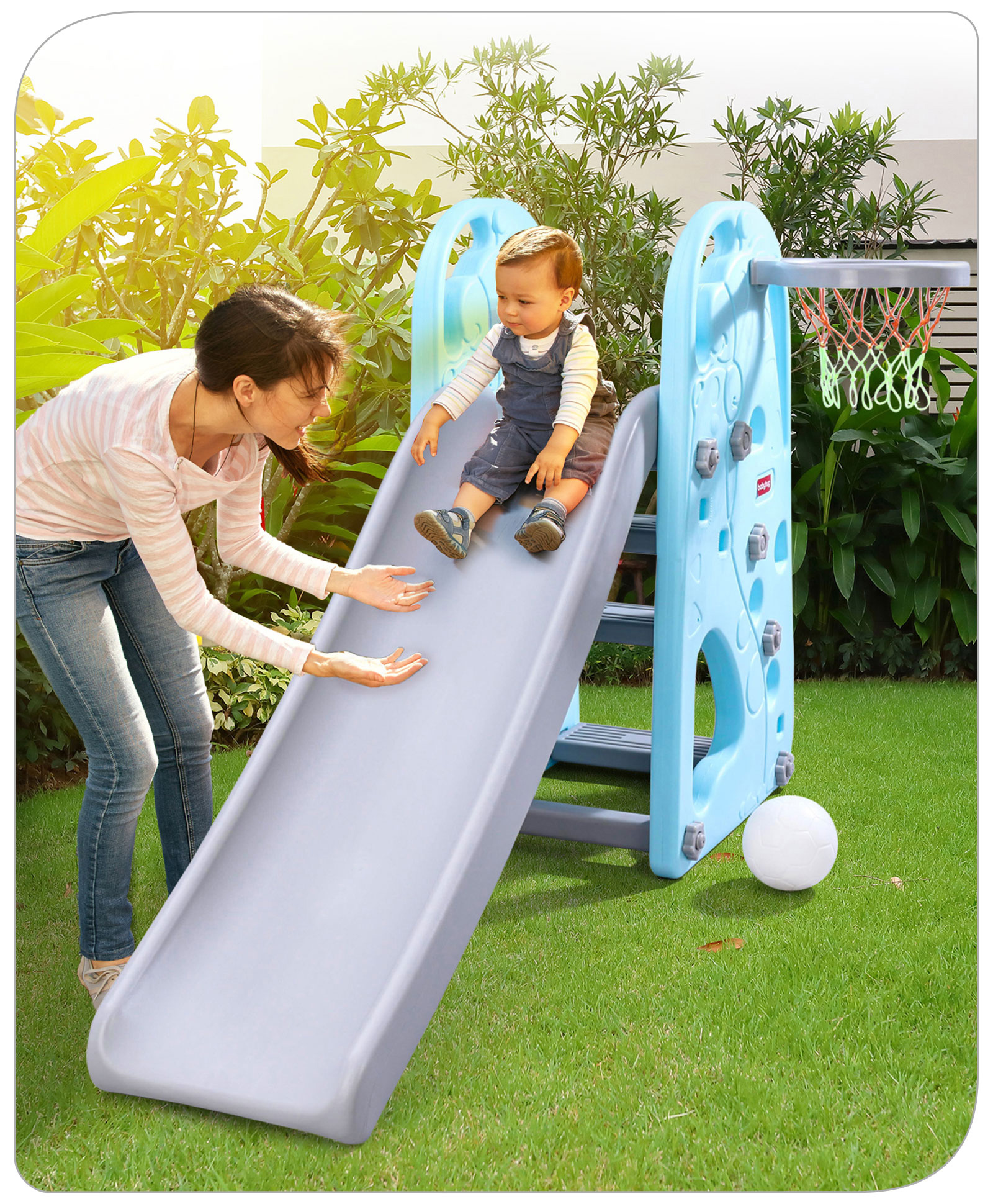 Babyhug 2 in 1 Giraffe Slide with Basket Ball Hoop - Blue and Grey