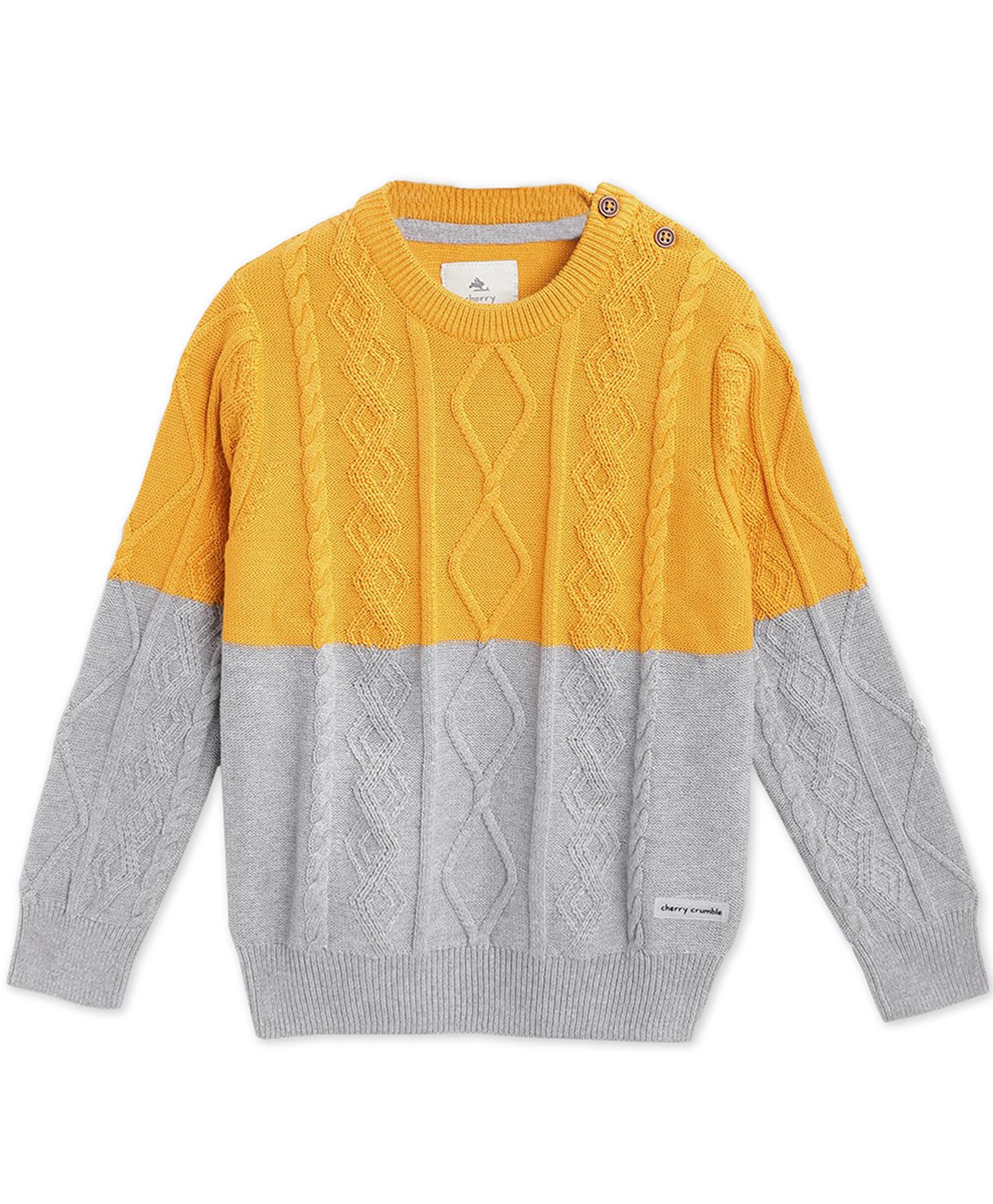 Cherry Crumble By Nitt Hyman Full Sleeves Cable Knit Colour Blocked Sweater - Mustard Yellow & Grey-picture-21
