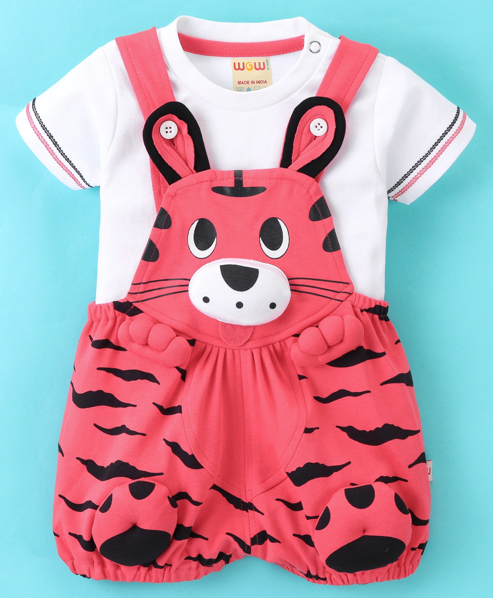 WOW Clothes Cotton Woven Dungaree with Half Sleeves Tee Tiger Print & Applique - Cherry-picture-10