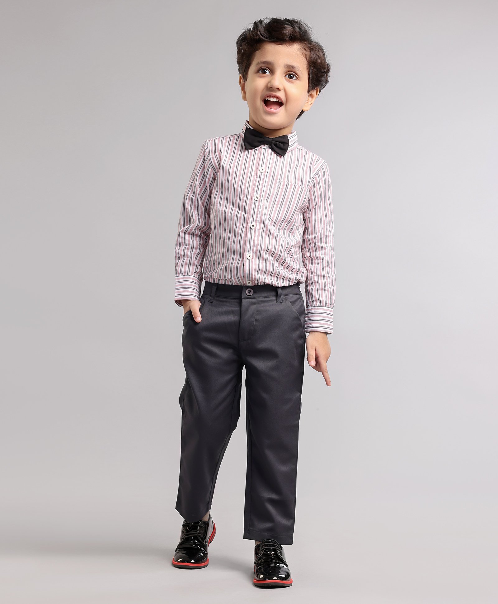 Babyhug Full Sleeves Striped Shirt & Trouser Set with Bow - Grey Navy-image-16