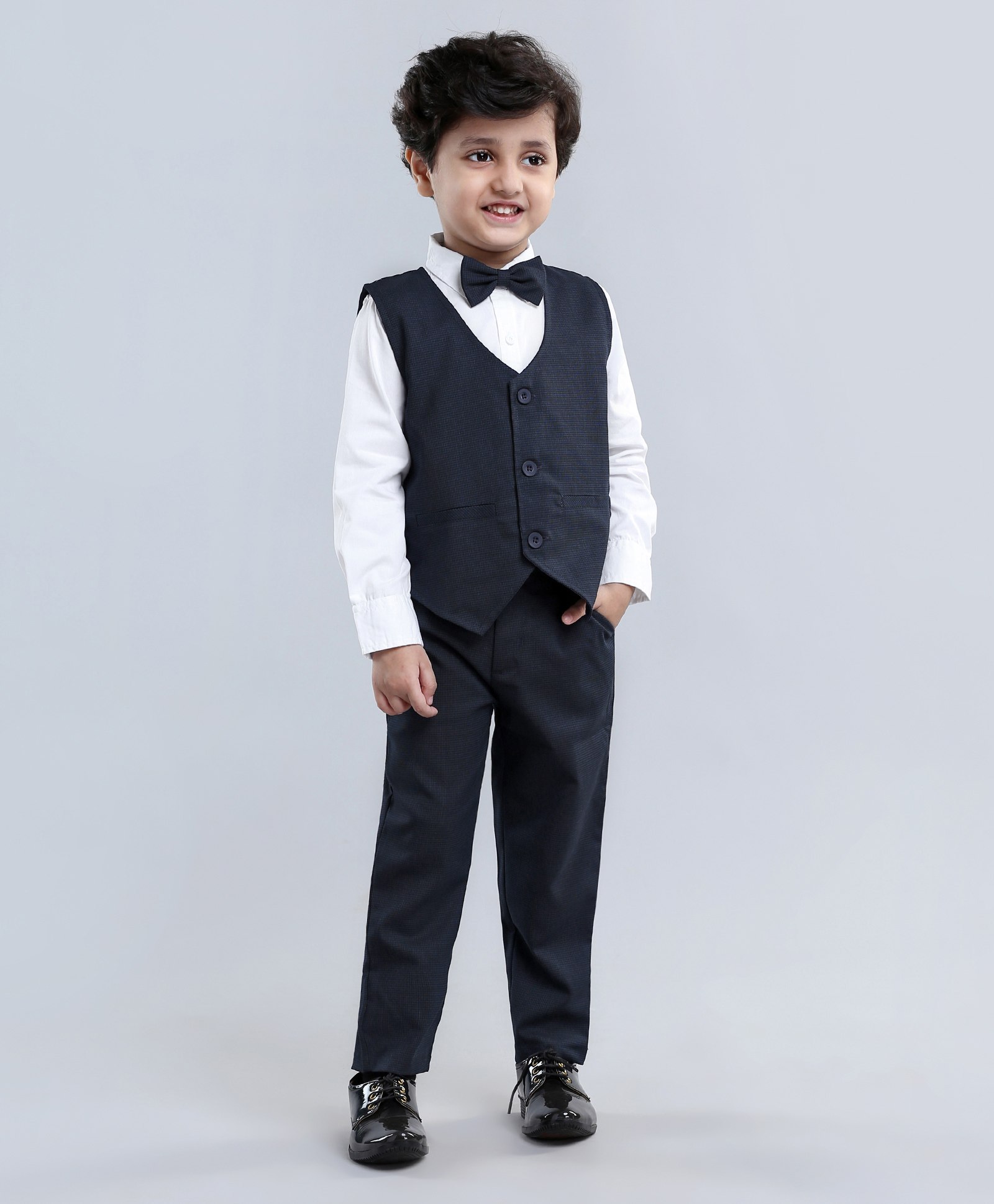 Babyhug Full Sleeves 3 Piece Party Suit with Bow - Navy Blue-picture-15