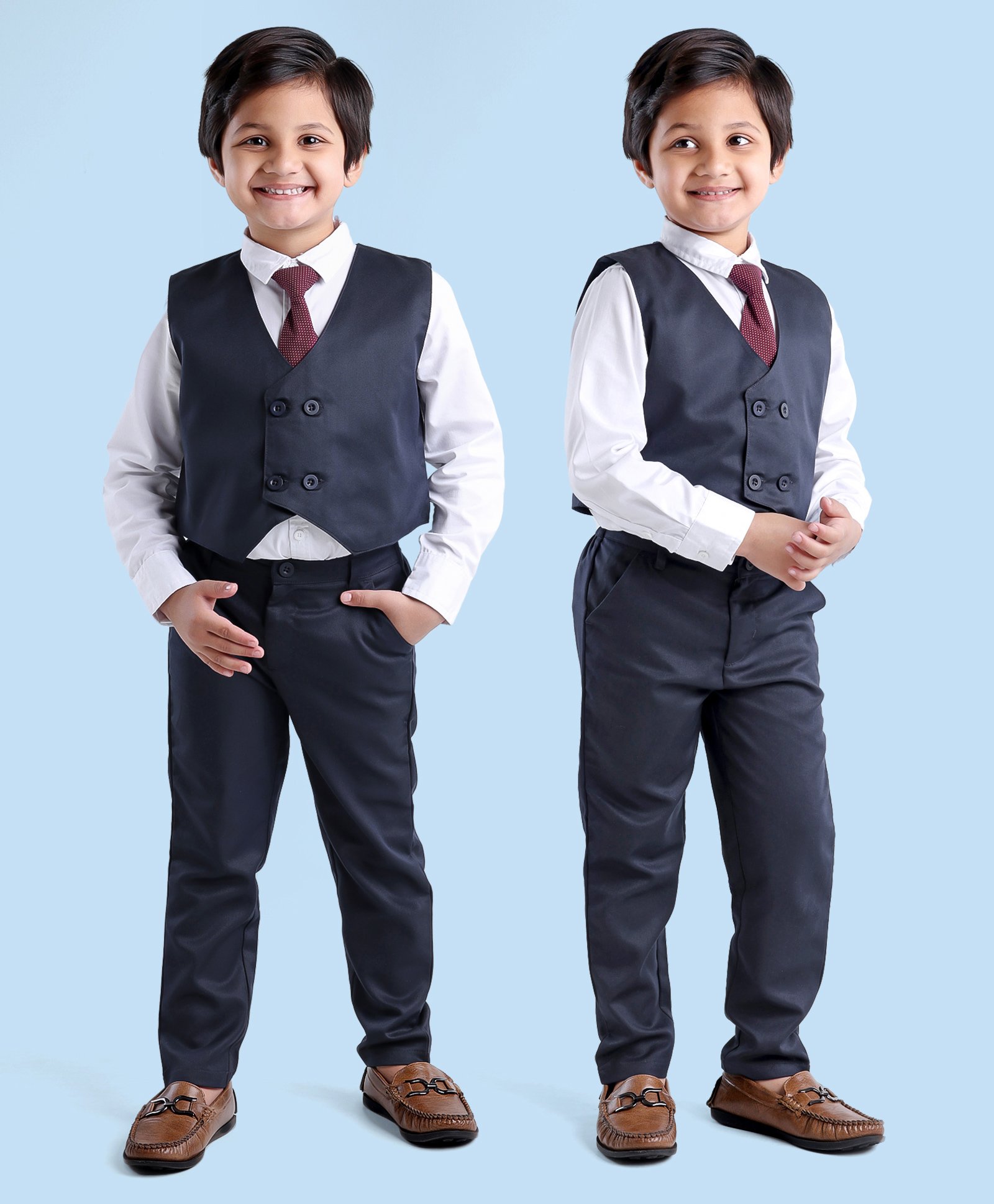 Babyhug Full Sleeves Party Suit With Tie & Jacket Solid- Blue-image-37