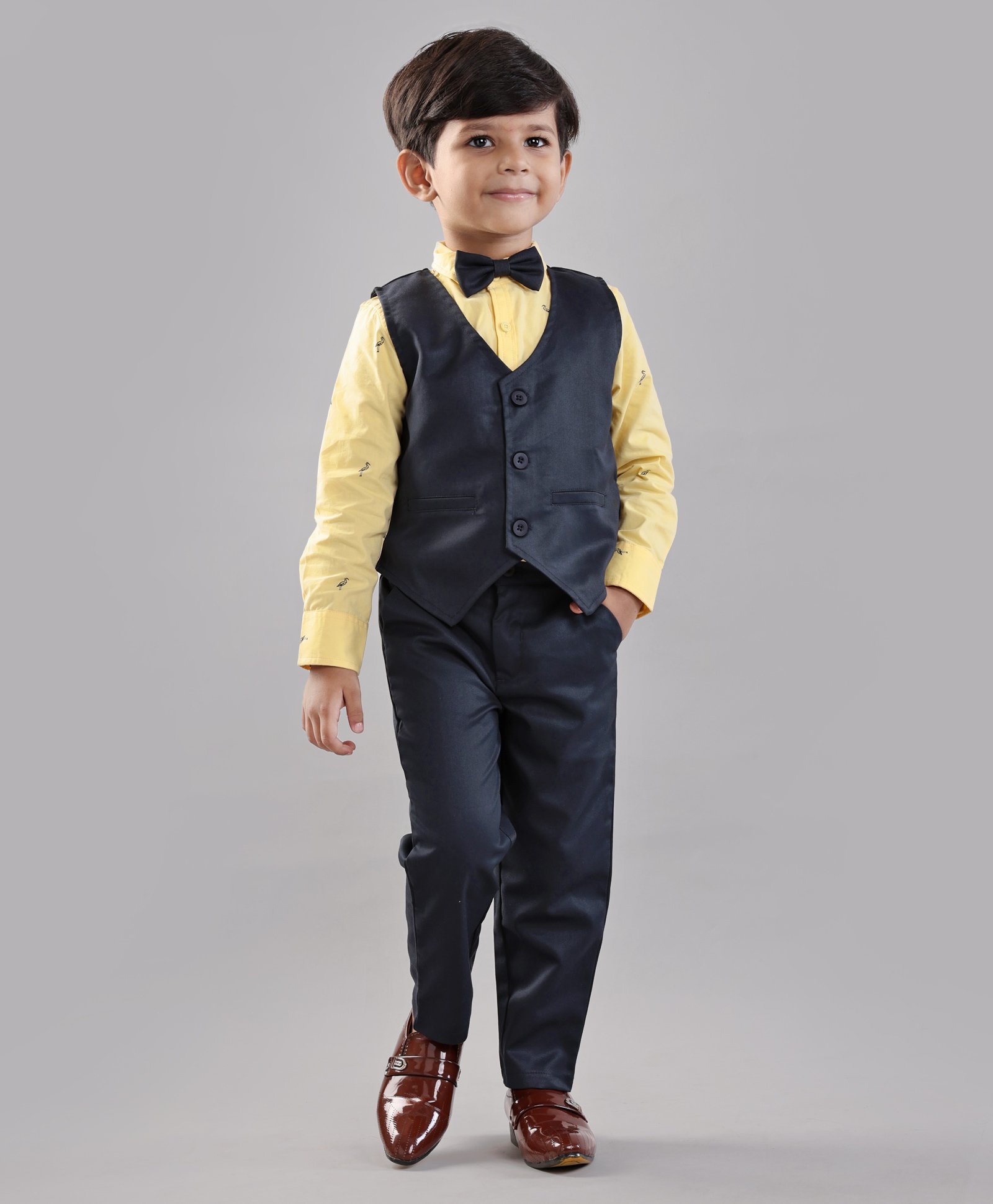 Babyhug Full Sleeves Party Suit with Bow Bird Print - Yellow Navy-image-19