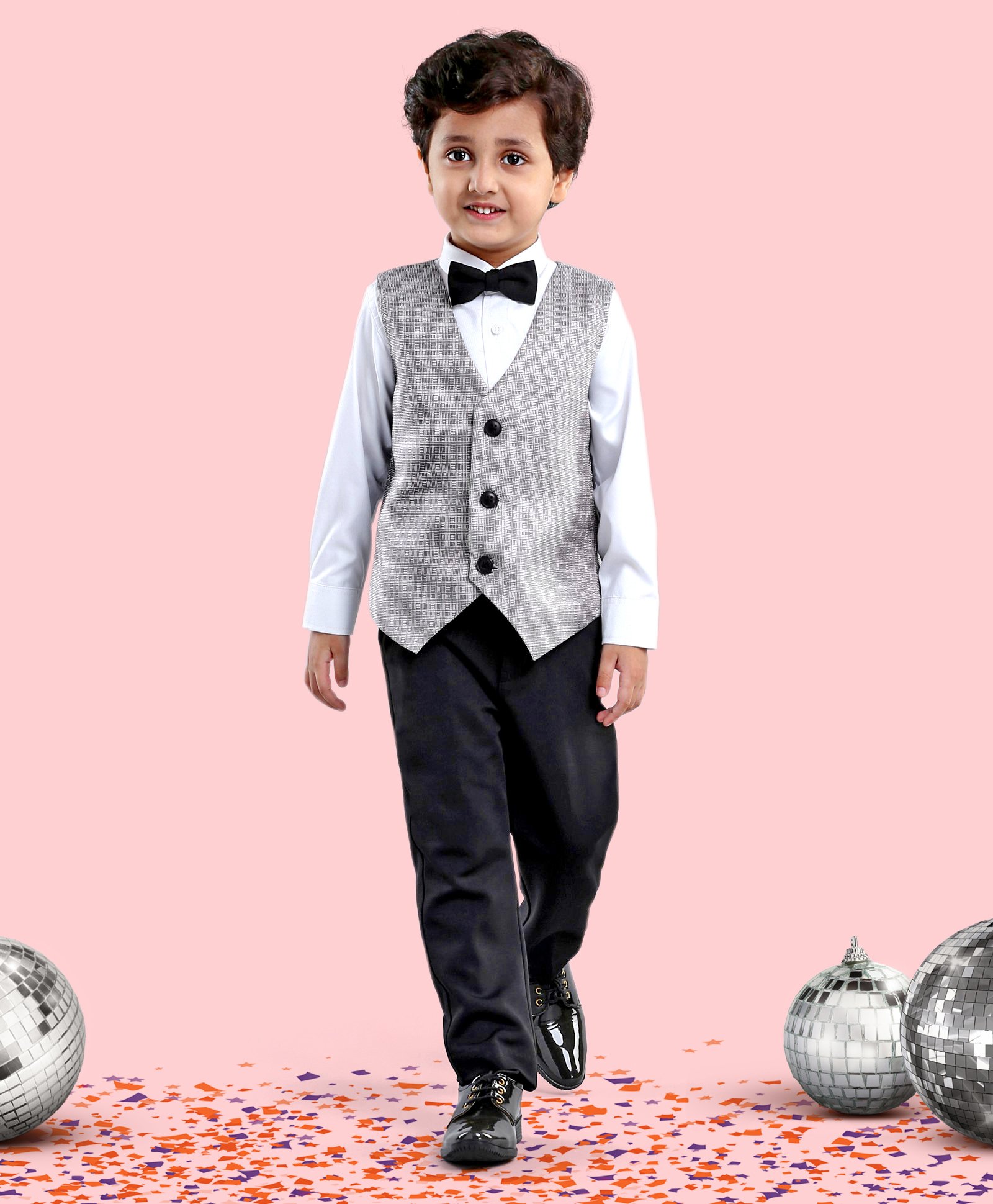 Babyhug Full Sleeves Party Suit With Waistcoat & Bow- Grey Black-image-49