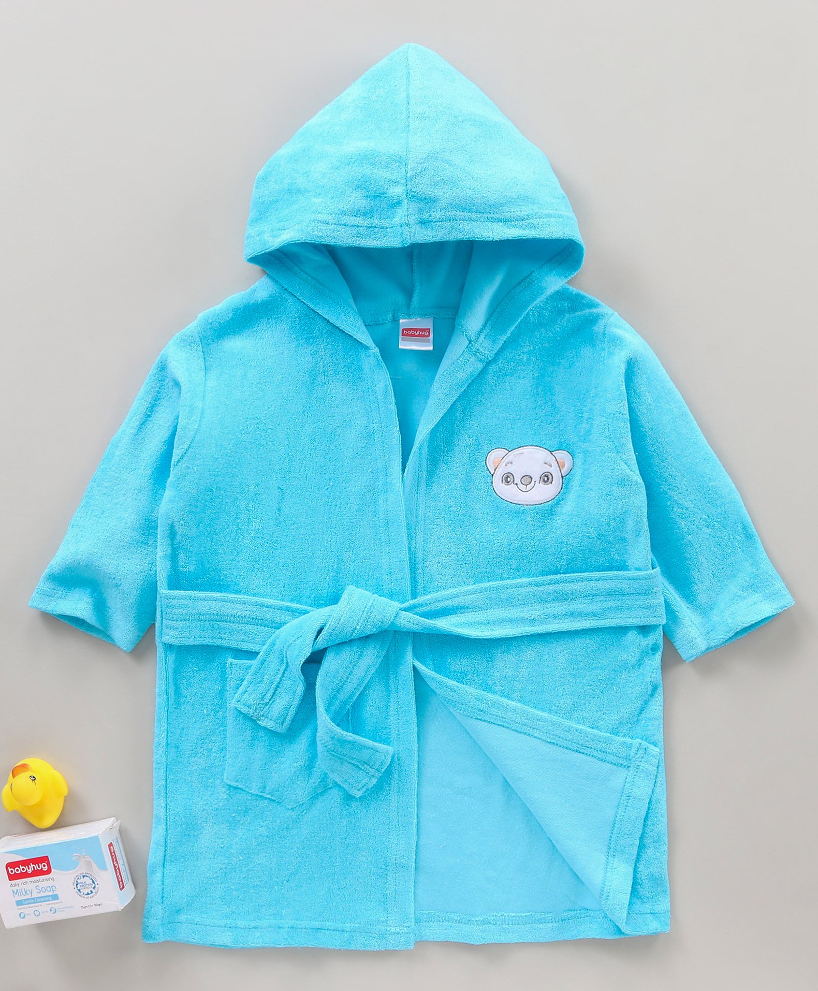 Babyhug Three Fourth Sleeves Hooded Bath Robe Bear Face Embroidery - Blue-image-14