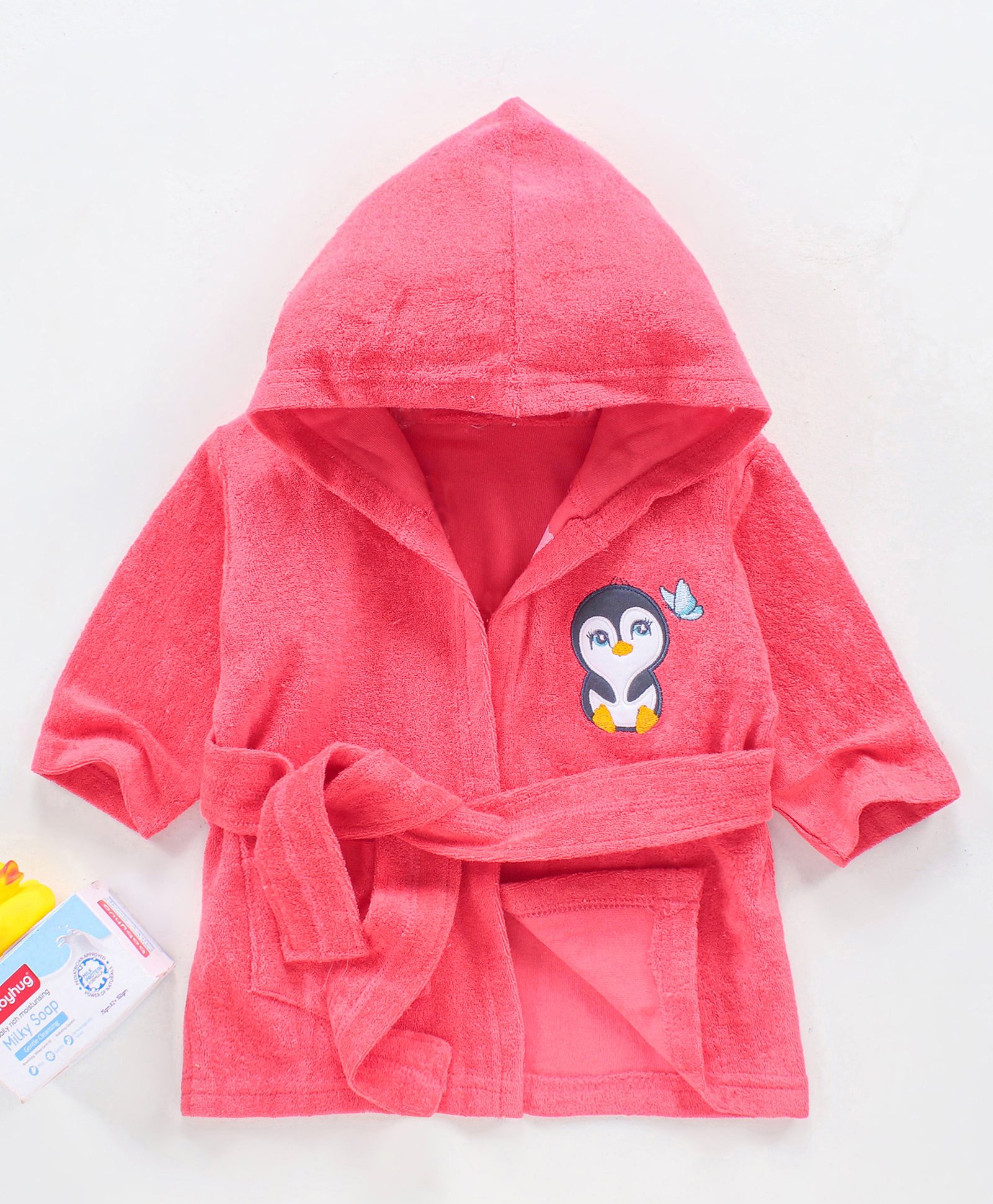Babyhug Three Fourth Sleeves Hooded Bath Robe Penguin Embroidery - Pink-image-12