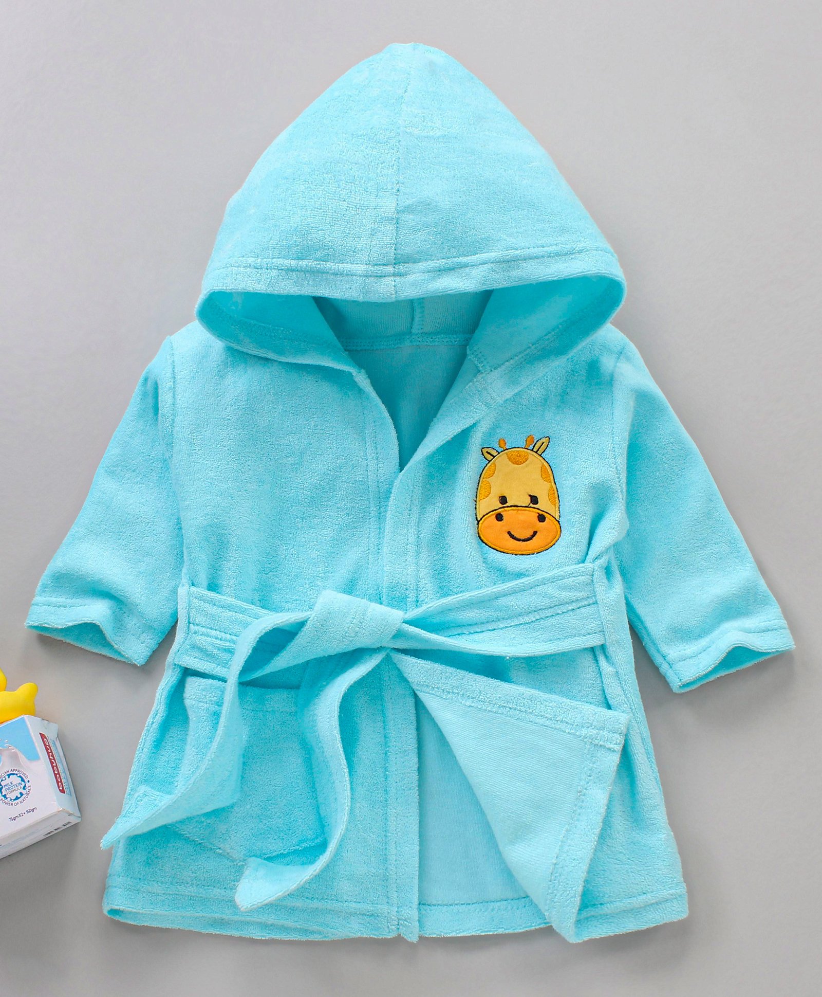 Babyhug Three Fourth Sleeves Hooded Bath Robe Rhino Embroidery - Blue-image-16
